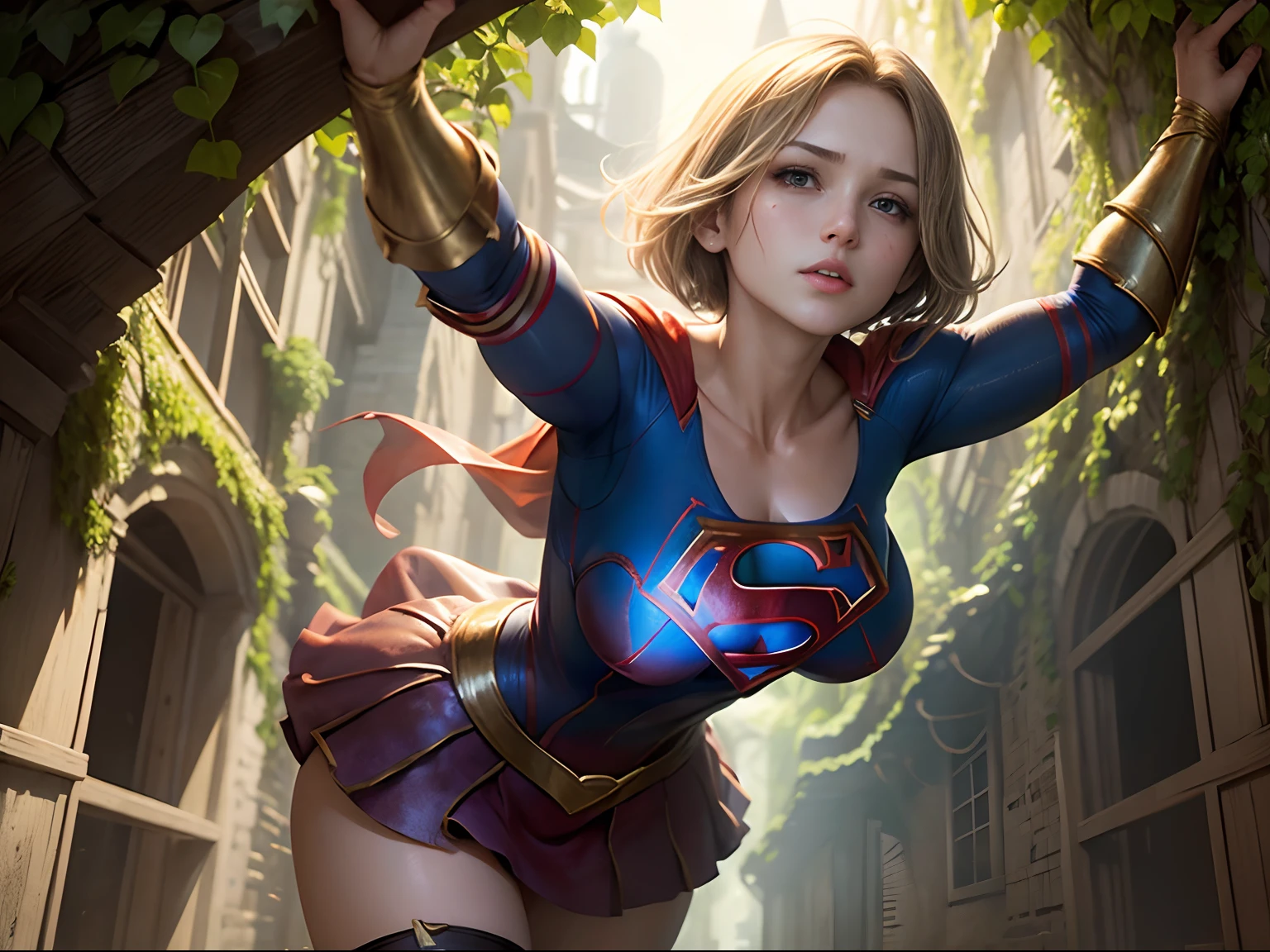 ​masterpiece、Short-haired Supergirl suspended by rough rope、large full breasts、Looking at the camera、Glossy costume、Tattered costume、Injury、heavy injury、bandaged、Dungeon、slaves