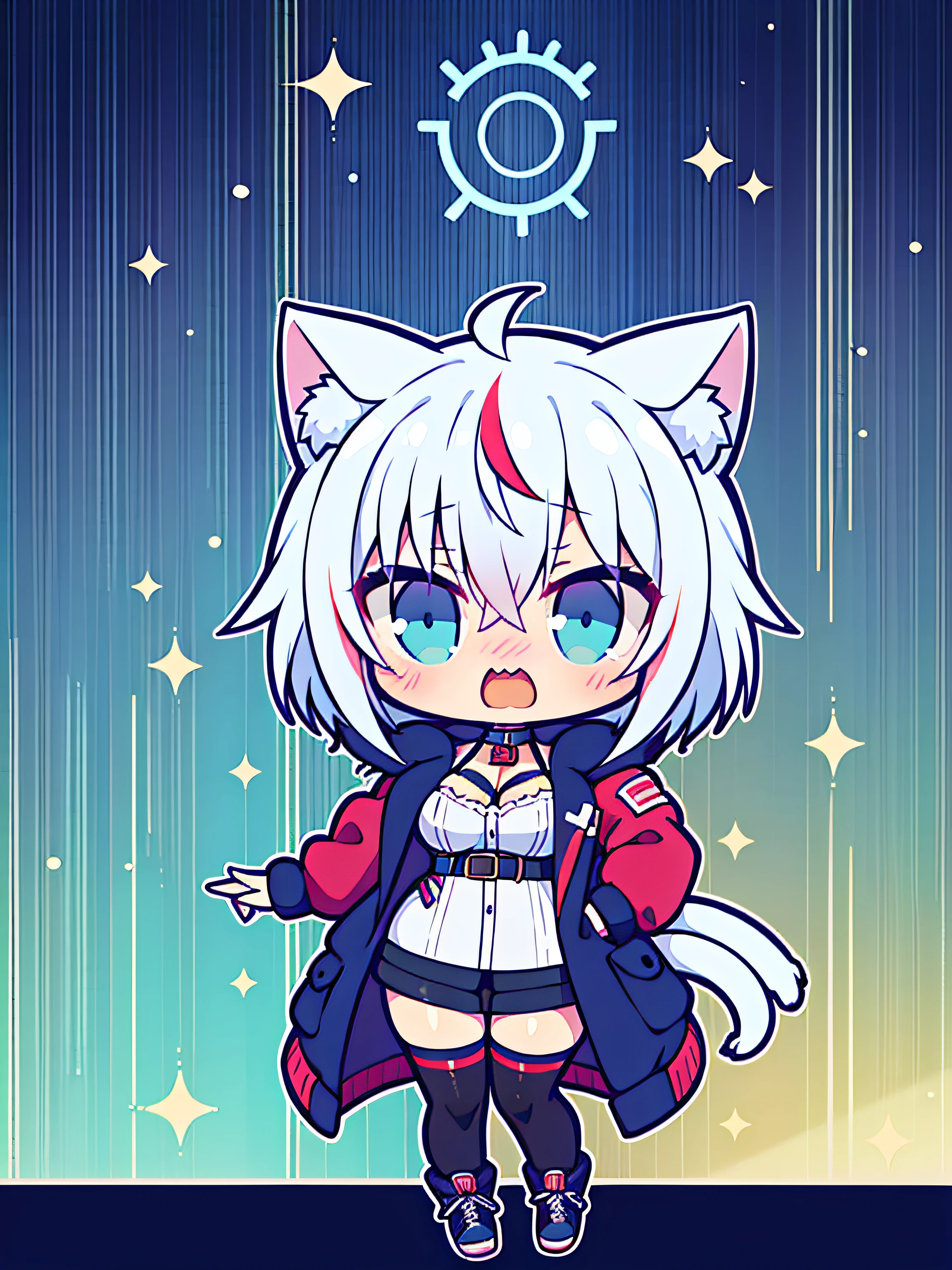 the anime character is fully dressed in very warm and sexy outfit, oversized jacket, 1girl, solo, multicolored pastel hair, blue eyes, virtual youtuber, cat ears, streaked hair, white hair, breasts, embarrassed, shy, short hair, expressive, dark bodysuit, neon, cyberpunk, perfect face, high res, ultrasharp, 8K, masterpiece, looking at viewer, chibi, kawaii, full body