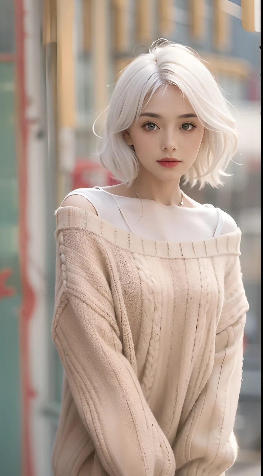 Medium Shot Shot, A beautiful woman looks at the camera, White hair, Chris Foss autumn off-the-shoulder sweater