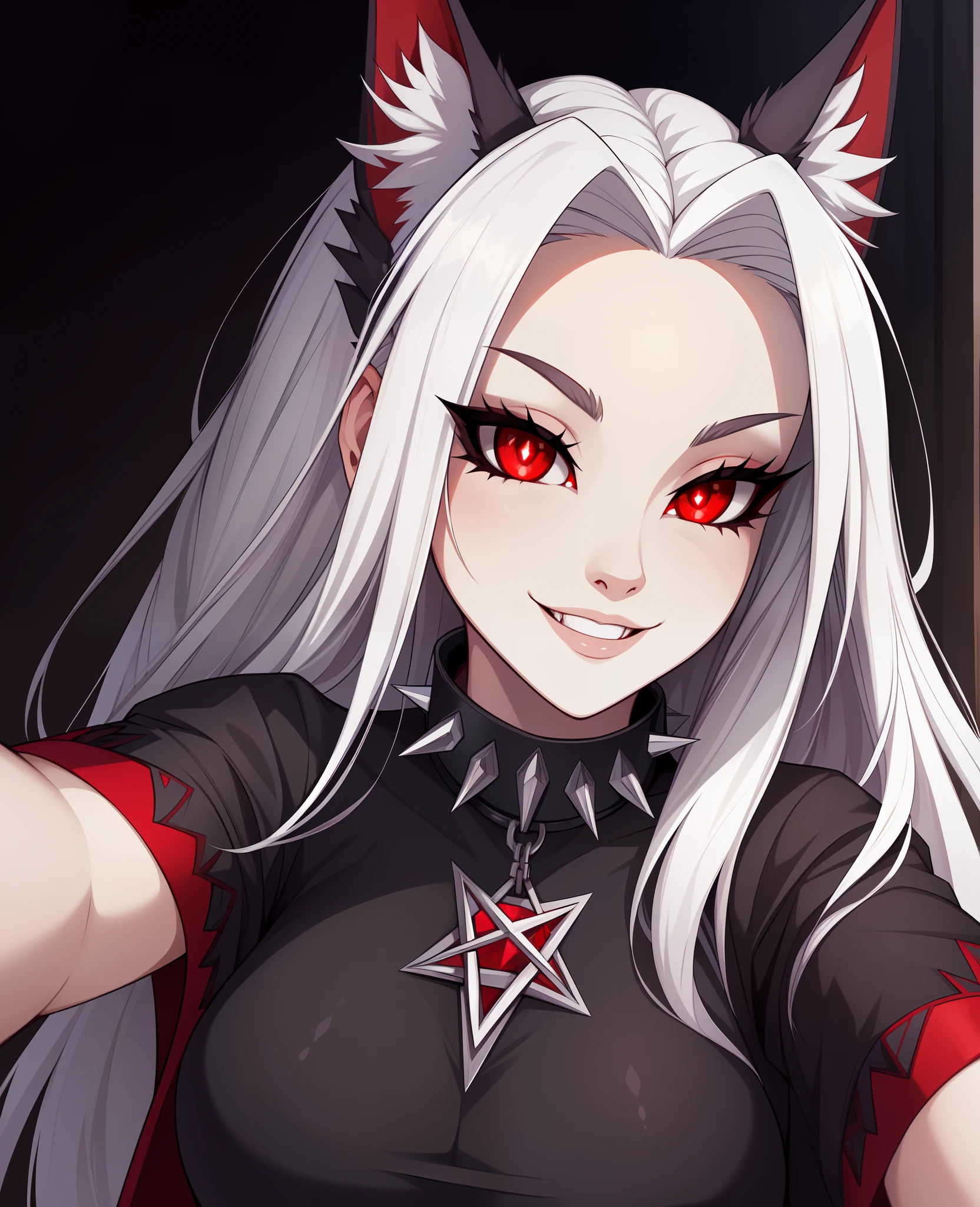 masterpiece, best quality, face portrait of a female anthro loona hellhound, loonacroptop, detailed face, (detailed eyes, slit pupils, white pupils:1.2), (red sclera), smile, [spiked collar, pentagram], (looking at viewer), selfie