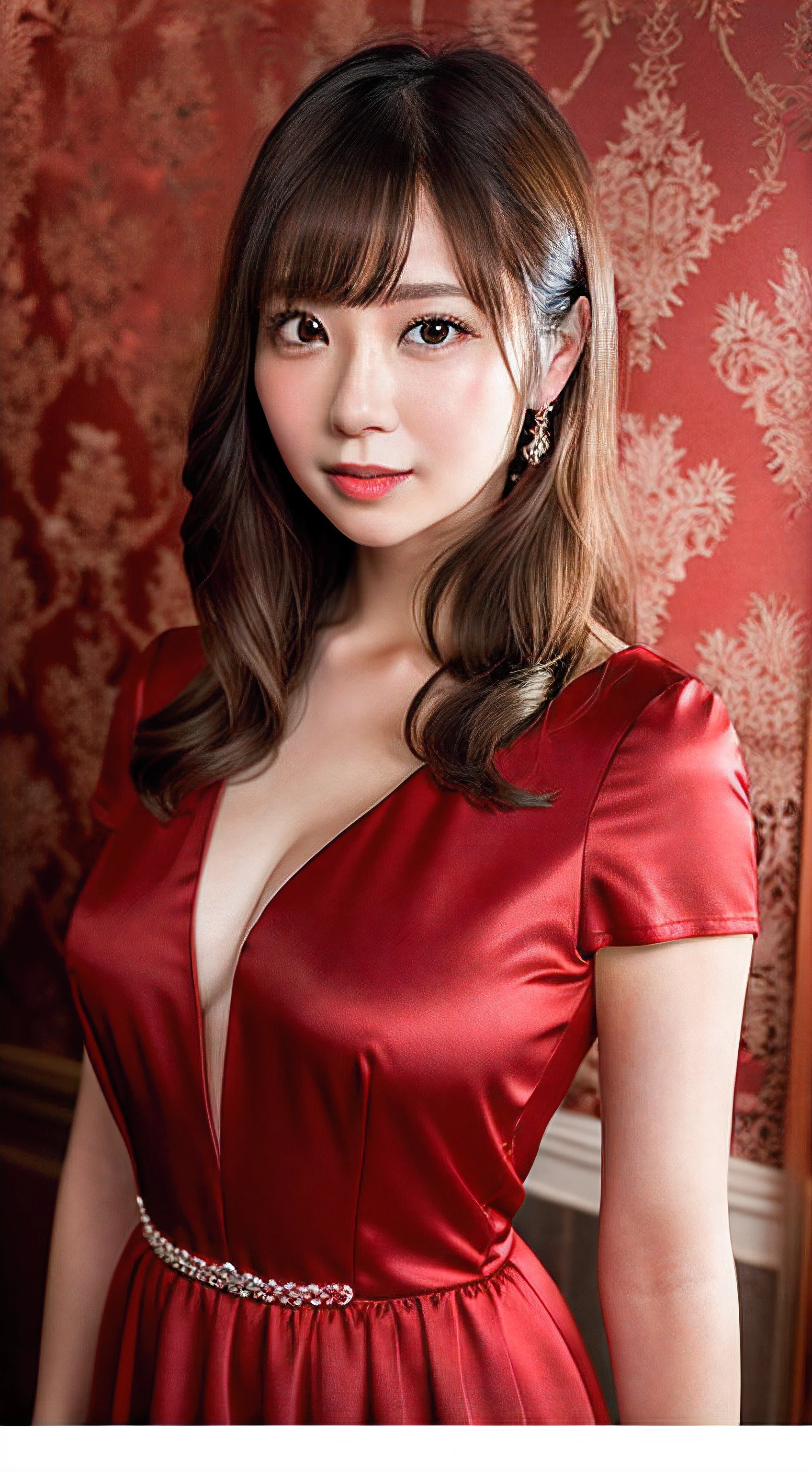 Woman in red Dress、The background is gorgeous red wallpaper studio、[photos realistic]!!,Candid flash photography、magnifica、Masa Nakayama、flash photo、Sui Ishida、Do not copy hands、adult lady、high-class sense、There are a lot of decorations