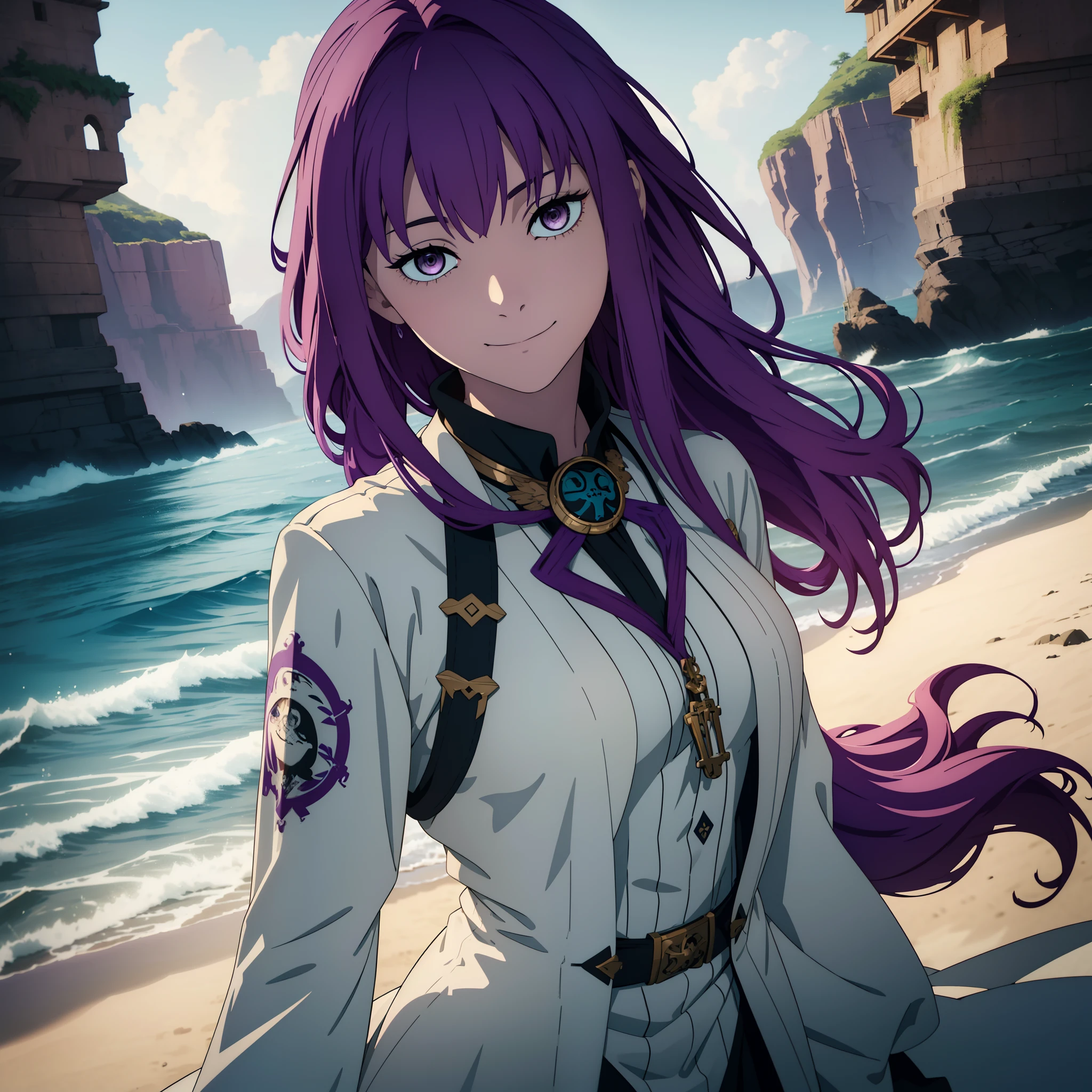 1girl, pirate gir, gorgeous hair in long purple, smile, sea, noble clothes, white dress, ((masterpiece)), ((best quality)), ((high detailed illustration)), ((high detailed background)), ((hi-res)), ((4k resolution))