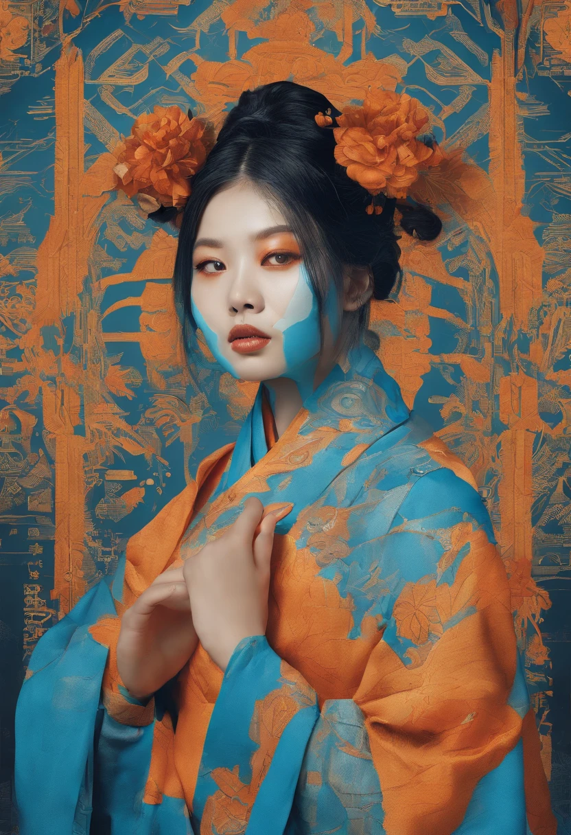 Portrait of an Asian avant-garde woman with blue paint on her face, In the Volynsack style 127mm f/4.7 Ektar, light black and orange, solarpunk, Germanic art, intense close-ups, epic fantasy scene, Zen influence - AR3:4