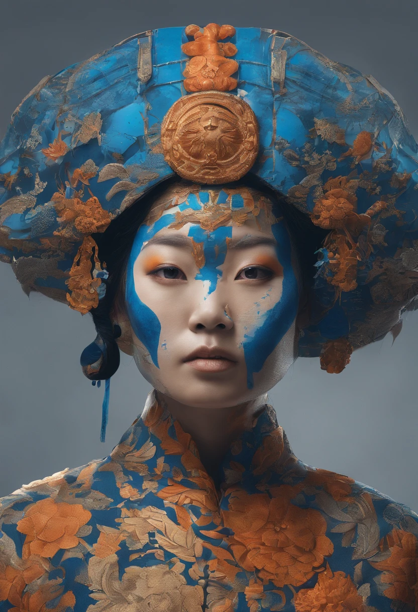 Portrait of an Asian avant-garde woman with blue paint on her face, In the Volynsack style 127mm f/4.7 Ektar, light black and orange, solarpunk, Germanic art, intense close-ups, epic fantasy scene, Zen influence - AR3:4