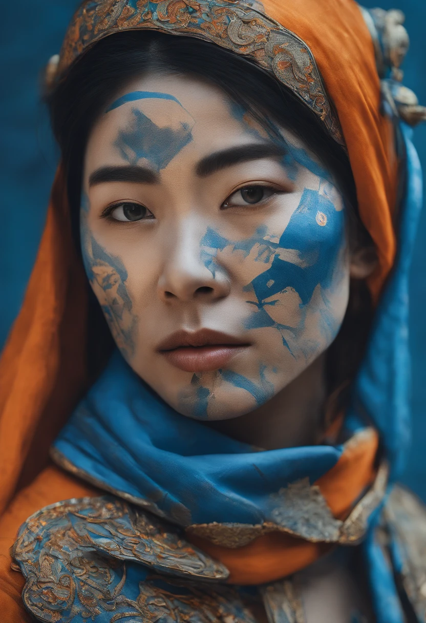 Portrait of an Asian avant-garde woman with blue paint on her face, In the Volynsack style 127mm f/4.7 Ektar, light black and orange, solarpunk, Germanic art, intense close-ups, epic fantasy scene, Zen influence - AR3:4