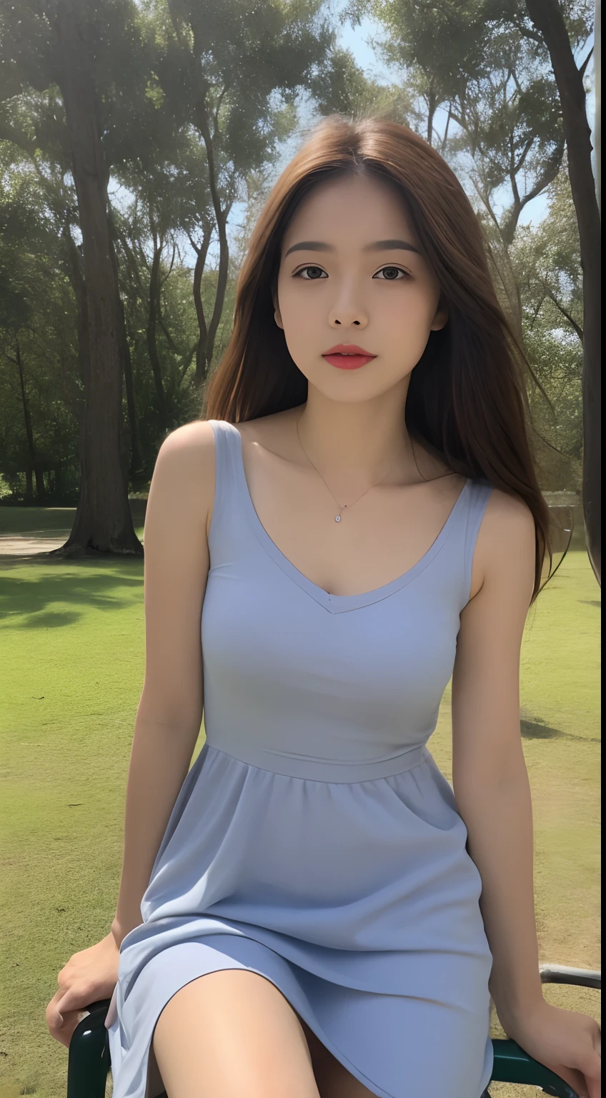 (In the daytime, nood, 8K, tmasterpiece:1.3)), full body Esbian, Long legs, Focalors:1.2, Perfect figure beautiful woman:1.4, Slim abs:1.1, ((dark brown hair, large tities:1.2 )), (shift dresses,,seat:1.2,), ((City Forest Park,seat :1.3)), Highly detailed facial and skin texture, A detailed eye, 二重まぶた,Flying long hair