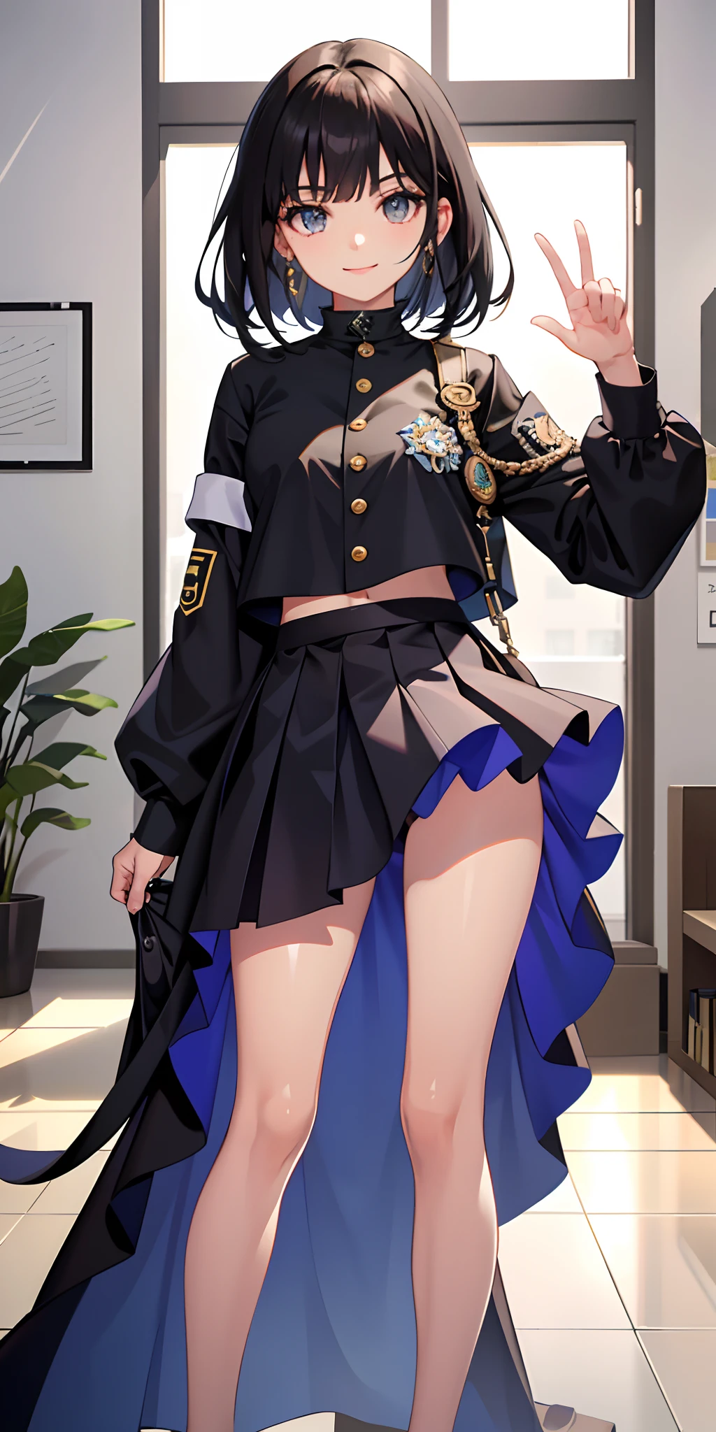 (Obra maestra), ojos expresivos, Cara perfecta, 1 girl, sonrisa seductora, Uniforme escolar, minifalda, ((piernas cruzadas)), Buen thigs, enfrente de una computadora