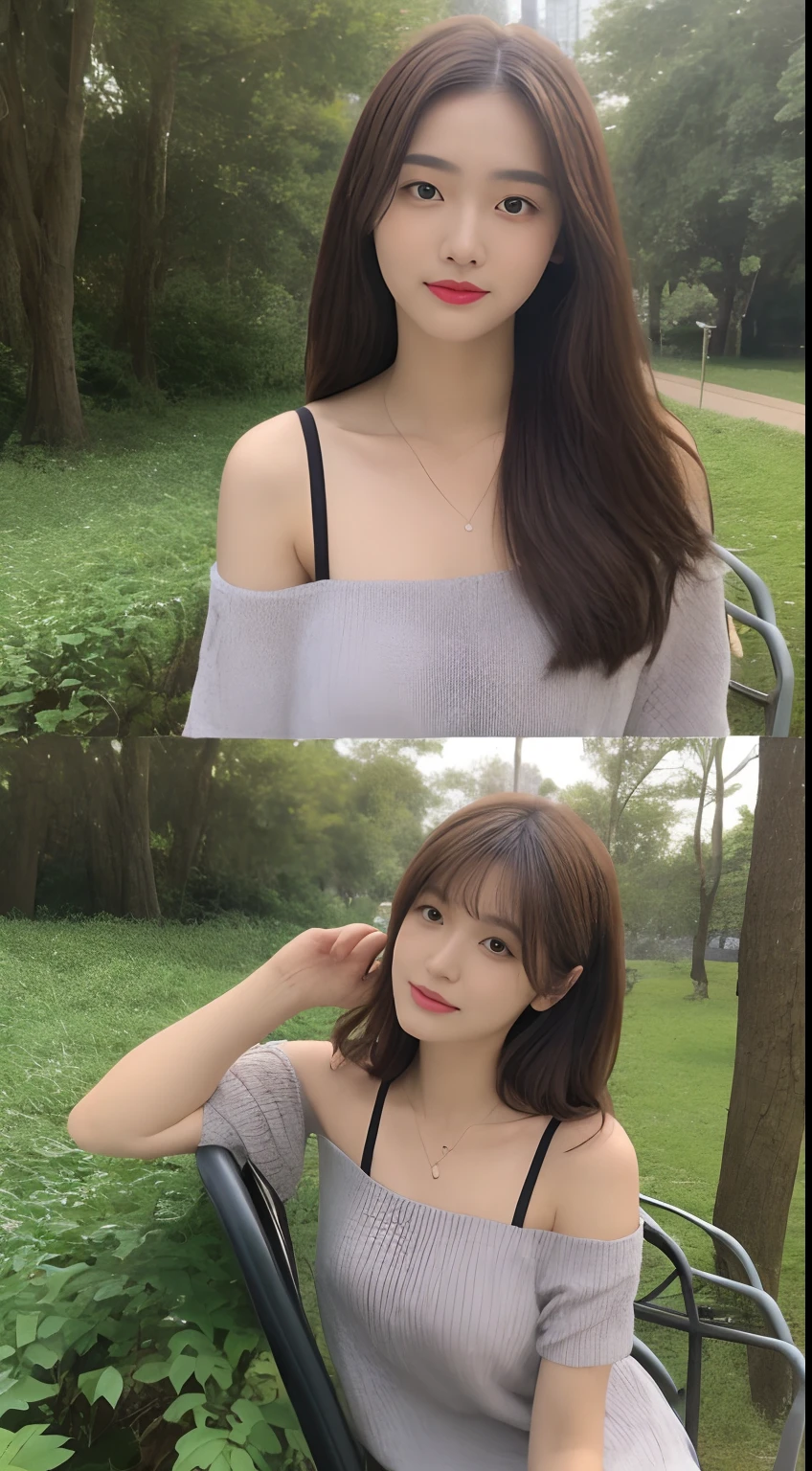 (In the daytime, nood, 8K, tmasterpiece:1.3)), full body Esbian, Long legs, Focalors:1.2, Perfect figure beautiful woman:1.4, Slim abs:1.1, ((dark brown hair, large tities:1.2 )), (shift dresses,,seat:1.2,), ((City Forest Park,seat :1.3)), Highly detailed facial and skin texture, A detailed eye, 二重まぶた,Flying long hair