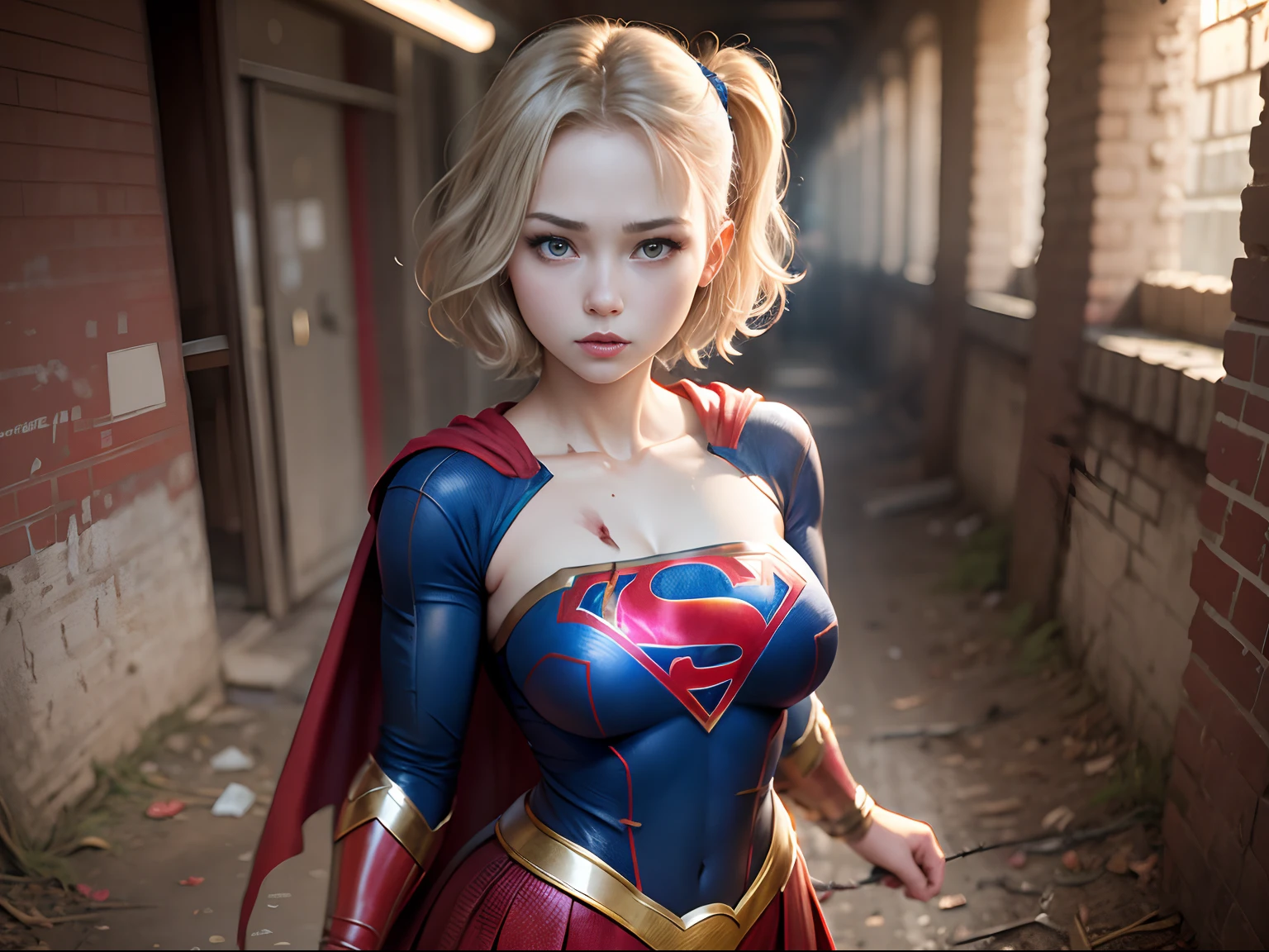 masterpiece、Short-haired Supergirl tangled in barbed wire、large full breasts、Looking at the camera、Glossy costume、Tattered costume、Injury、Dungeon、slaves