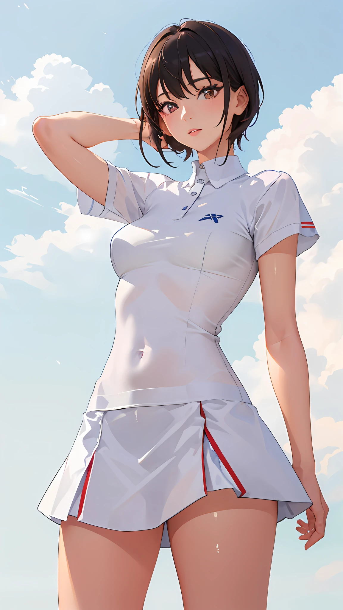 1girl huge large breasts, 独奏, White polo shirt, White sneakers, tennis wear, white mini-skirt, masterpaintings, the best quality, pphotorealistic, Ultra-detailded, (shiny skins, perspired:1.4), Preposterous, looking at the spectator, with short black hair, brown-eyed,Slender,Dynamic light and shadow,high resolucion,Sharp focus,depth of view,The eyes are delicate,Sharp pupils,pupil realistic,(massive boobs),(thick-thighs:1.0),plein-air,skies
