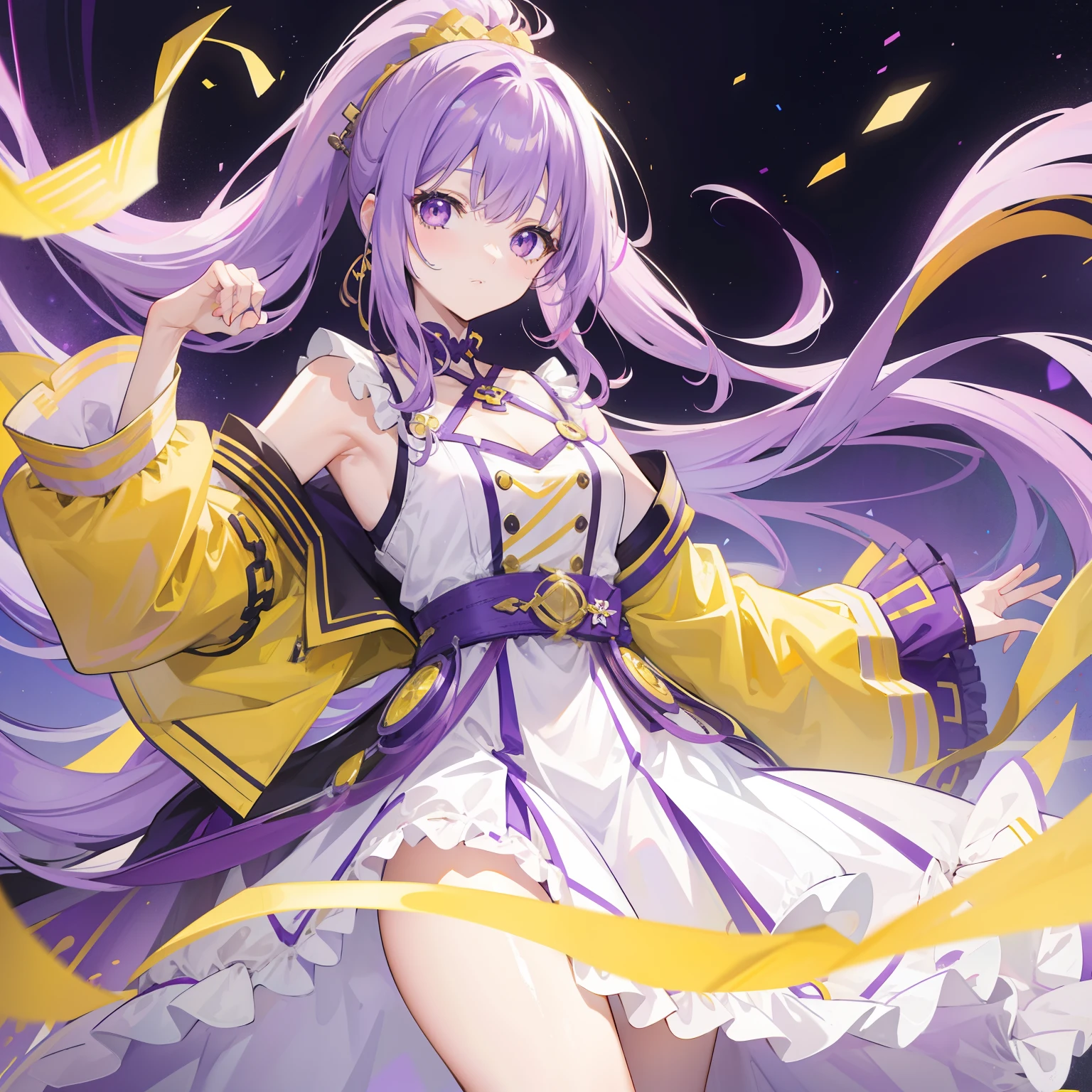 Long purple and yellow bangs，Energetic high ponytail hair，A simple dress with purple, yellow and white accessories，A cute and lively beautiful girl with a very attractive charm