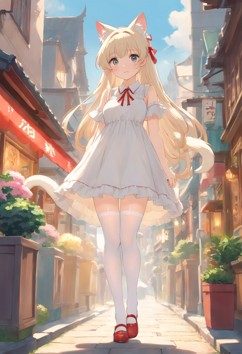 No shoes,Stand barefoot,Masterpiece,long whitr hair,extremely hyper,A giantess,Huge maiden,In the city,Full limbs,The face is delicate,White double ponytail,White eyes,White ta,Long-range shots,white stockings,There are cat ears on the head, white dresses, cute big breasts,Chopstick legs,Slender calves,Slender calves,High volume