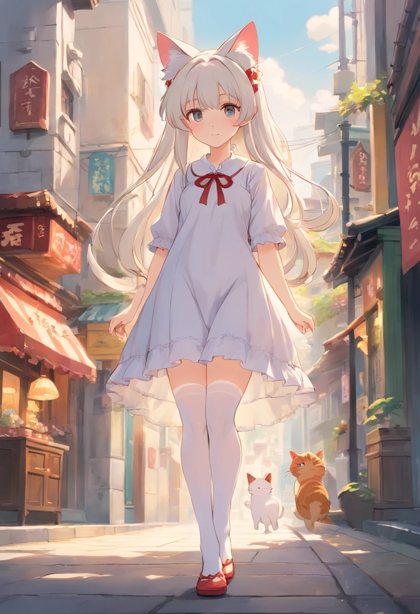 No shoes,Stand barefoot,Masterpiece,long whitr hair,extremely hyper,A giantess,Huge maiden,In the city,Full limbs,The face is delicate,White double ponytail,White eyes,White ta,Long-range shots,white stockings,There are cat ears on the head, white dresses, cute big breasts,Chopstick legs,Slender calves,Slender calves,High volume