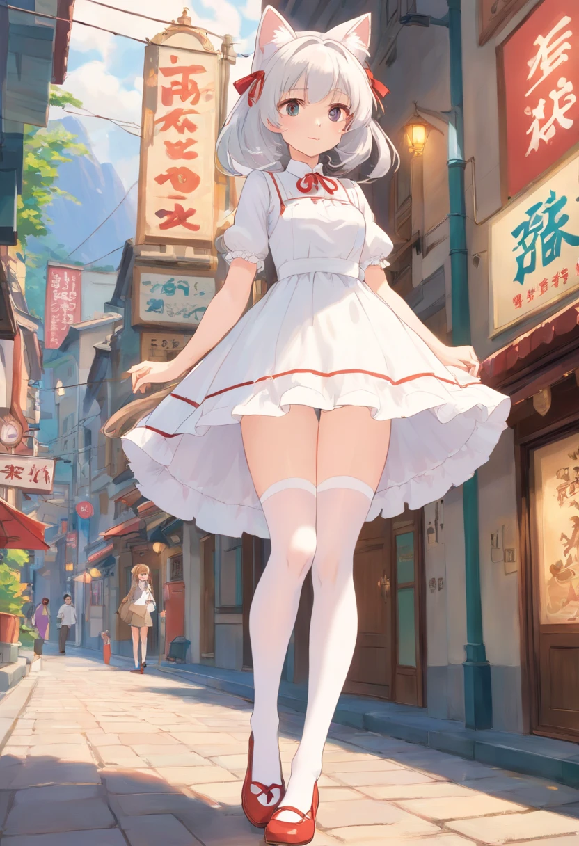 No shoes,Stand barefoot,Masterpiece,long whitr hair,extremely hyper,A giantess,Huge maiden,In the city,Full limbs,The face is delicate,White double ponytail,White eyes,White ta,Long-range shots,white stockings,There are cat ears on the head, white dresses, cute big breasts,Chopstick legs,Slender calves,Slender calves,High volume