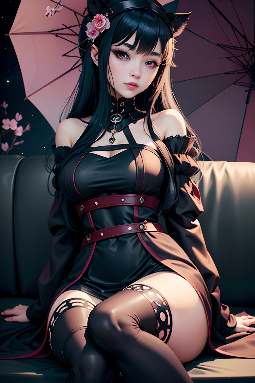 inexpressivo,,(Fantasia negra),((marvelous illustration)),(Respingo de detalhes), cabelo preto comprido, pupilas vermelhas, garota, vestido preto puro, only the collar, cuffs and skirt are dark red, ears Attached to the side is a red butterfly buckle, obra de arte, melhor qualidade, alta qualidade, Capacete,, colar de cristal vermelho e preto, black knee high socks