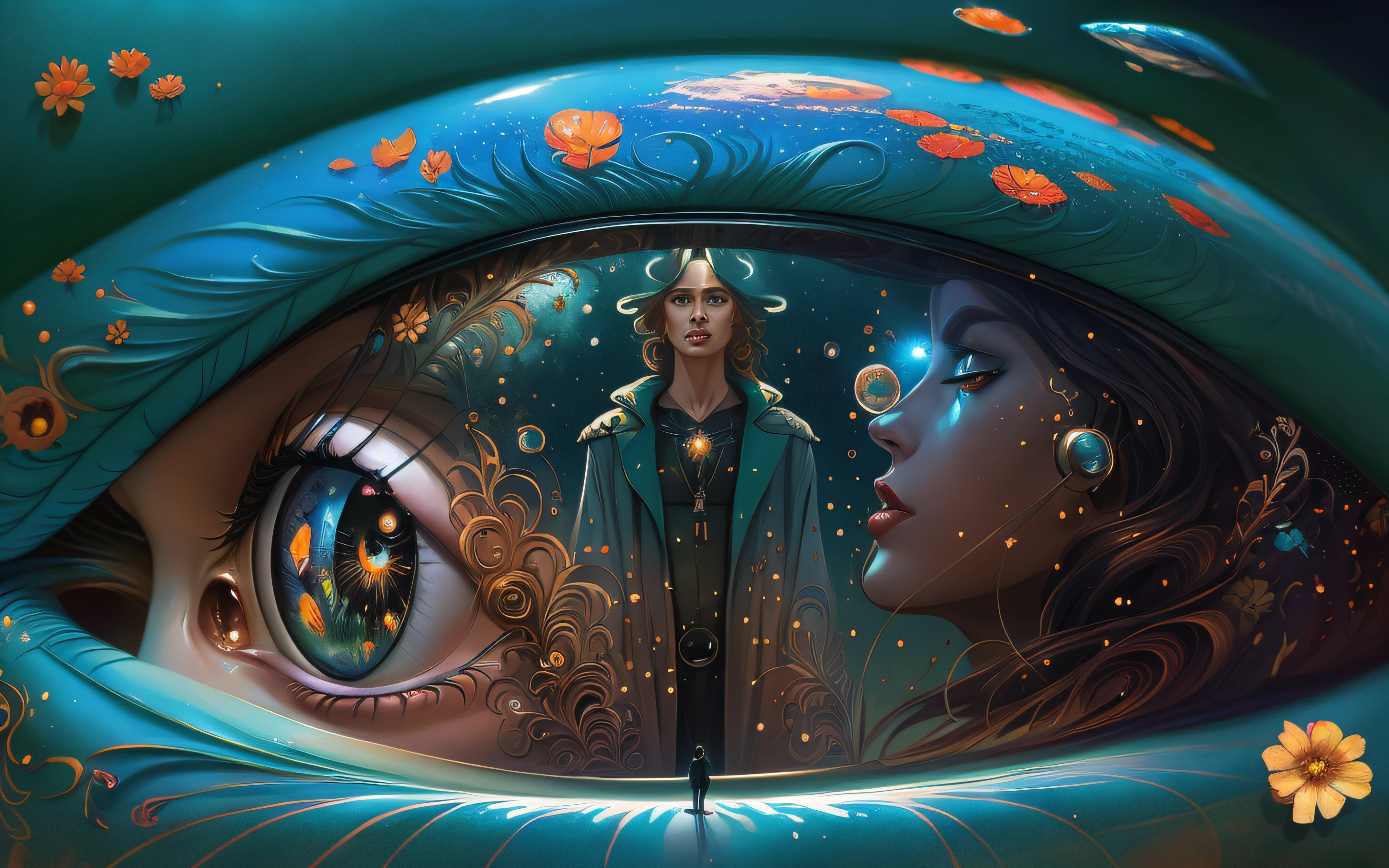 painting of a man Salvador Dali and woman (Adriana Lima :1.1) red lips, green eyes looking at each other in a mirror, beeple and jeremiah ketner, cyril rolando and m. w kaluta, cyril rolando and m.w kaluta, moebius + loish + wlop, digital fantasy illustration, a beautiful artwork illustration, stunning digital illustration, fantasy art behance, realistic fantasy illustration