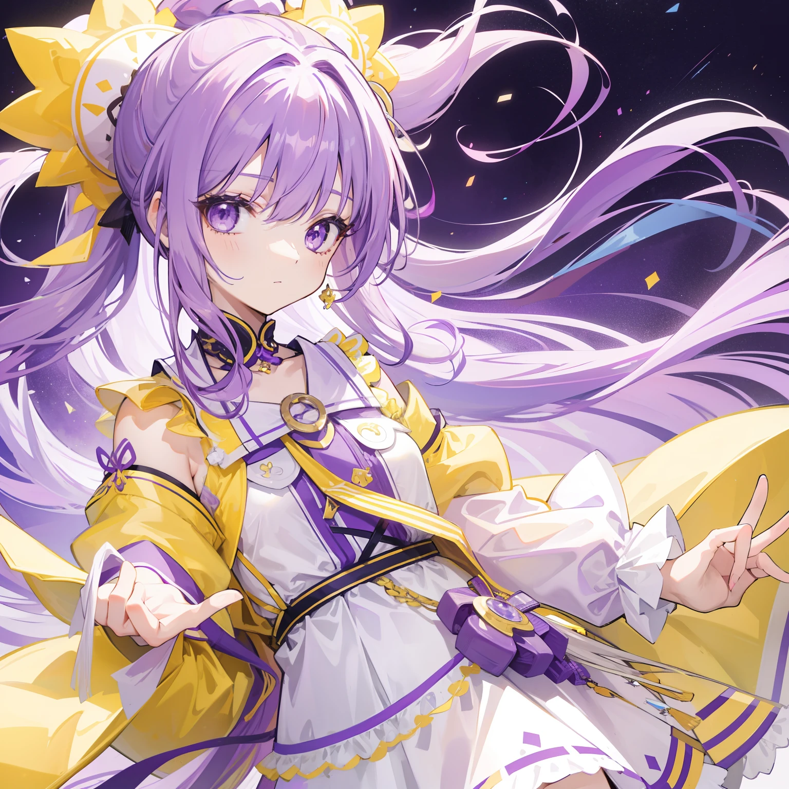 Long purple and yellow bangs,Energetic high ponytail hair,A simple dress with purple, yellow and white accessories,A cute and lively beautiful girl with a very attractive charm