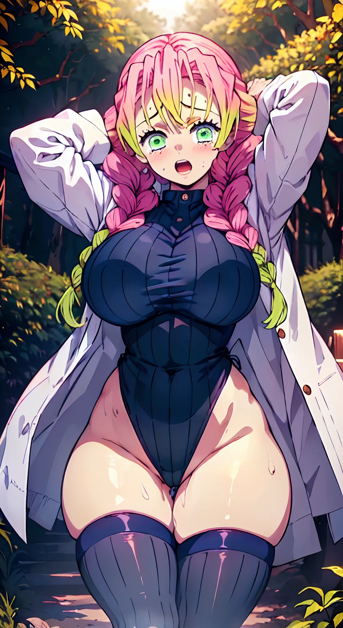 (Perfect body),Best Quality,(8K Portrait),(Official art)、(((muscular)))、embarrassed from、(:o)、One eye is closed、1girl in, Surprised、(is crying)、(((blush))),(Sweat),((((large udder))))、((thick thighs))、(big butts)、(A pink-haired),((Braids)),Long hair, (Green eye),(((Navy blue leotard)))、((White jacket))、(both hands behind head)、((Armpits))、((spreading legs))、(In the forest at night)