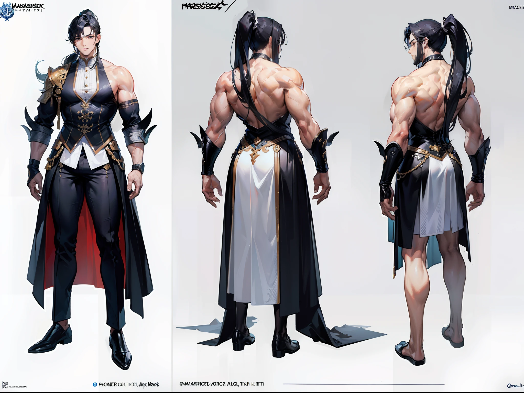 ((Masterpiece, Highest quality)), Detailed face, character design sheet, full bodyesbian, Full of details, frontal body view, back body view, Highly detailed, Depth, Many parts, Muscle boy with ponytail long black hair,handsome man, muscle body, white outfit male gods, man tall