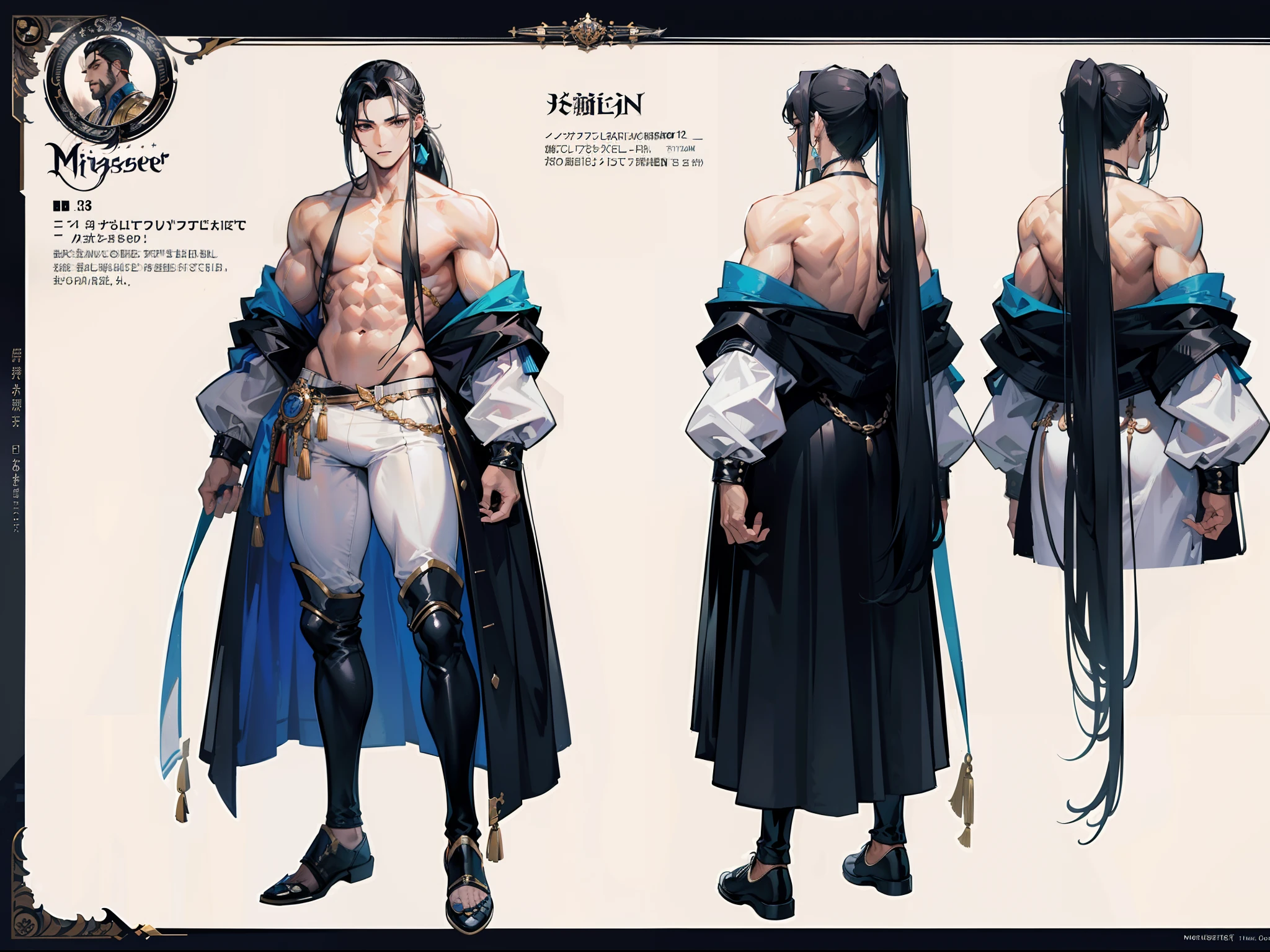 ((Masterpiece, Highest quality)), Detailed face, character design sheet, full bodyesbian, Full of details, frontal body view, back body view, Highly detailed, Depth, Many parts, Muscle boy with ponytail long black hair,handsome man, muscle body, white outfit male gods, man tall