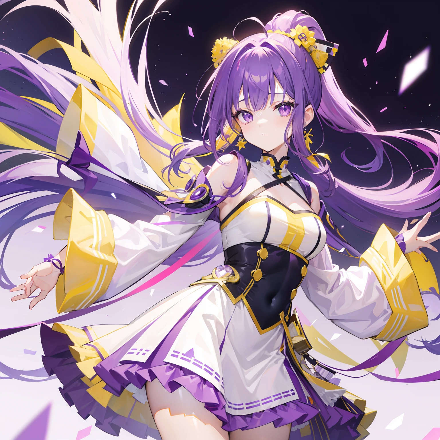 Long purple and yellow bangs，Energetic high ponytail hair，A simple dress with purple, yellow and white accessories，A cute and lively beautiful girl with a very attractive charm