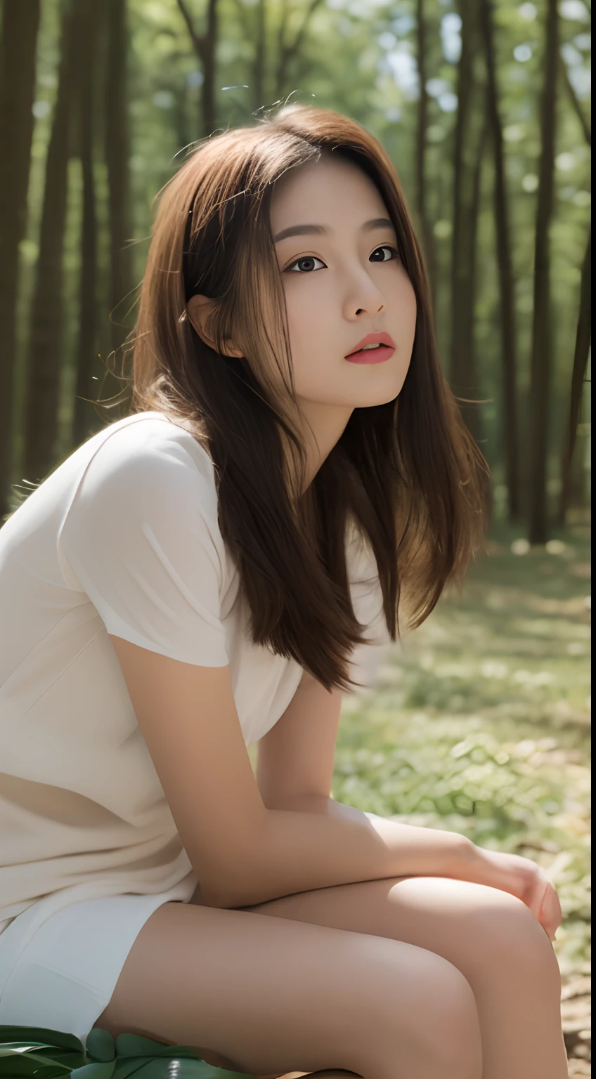(In the daytime, nood, 8K, tmasterpiece:1.3)), full body Esbian, Long legs, Focalors:1.2, Perfect figure beautiful woman:1.4, Slim abs:1.1, ((dark brown hair, large tities:1.2 )), (shift dresses,,seat:1.2,), ((City Forest Park,seat :1.3)), Highly detailed facial and skin texture, A detailed eye, 二重まぶた,Flying long hair