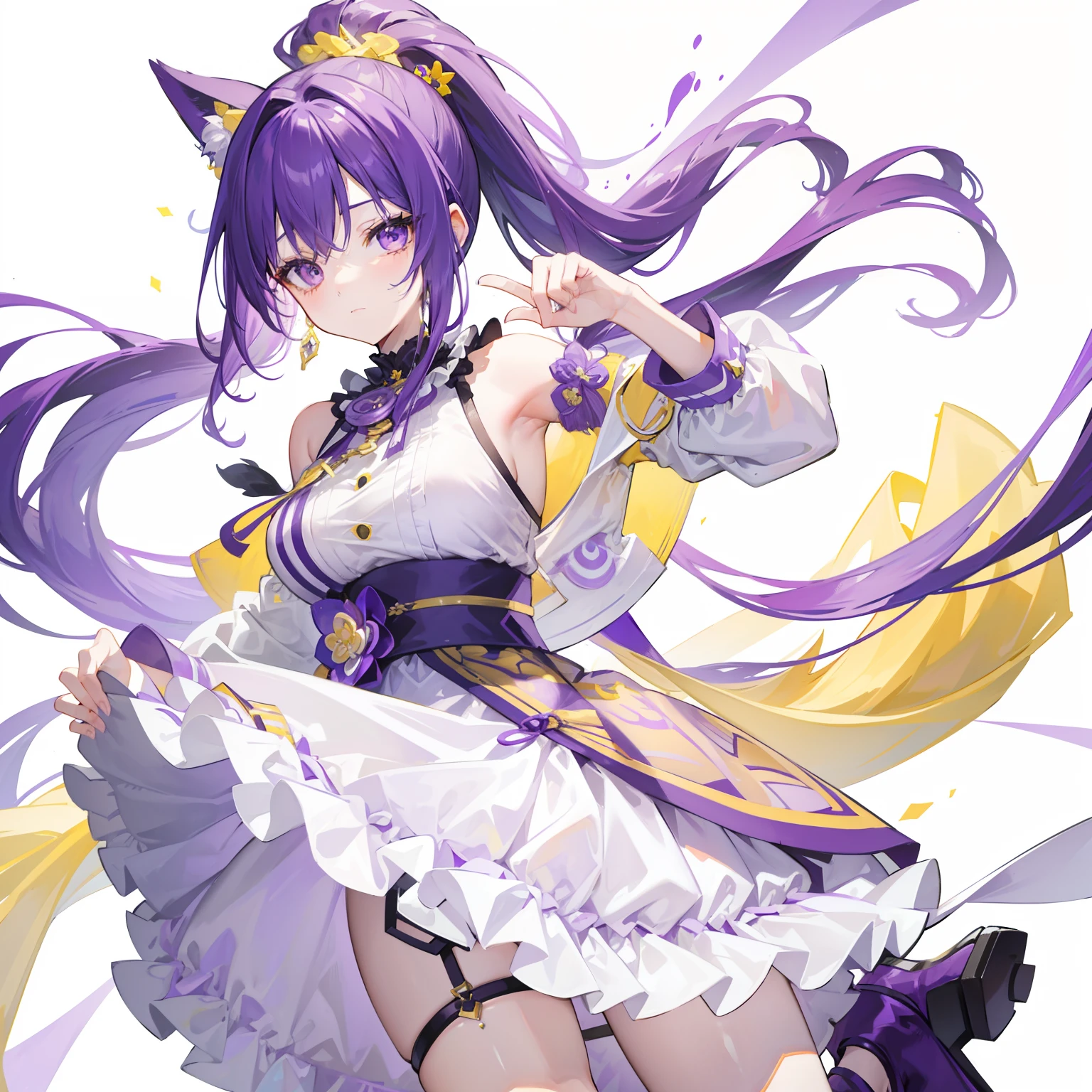 Long purple and yellow bangs,Energetic high ponytail hair,A simple dress with purple, yellow and white accessories,A cute and lively beautiful girl with a very attractive charm