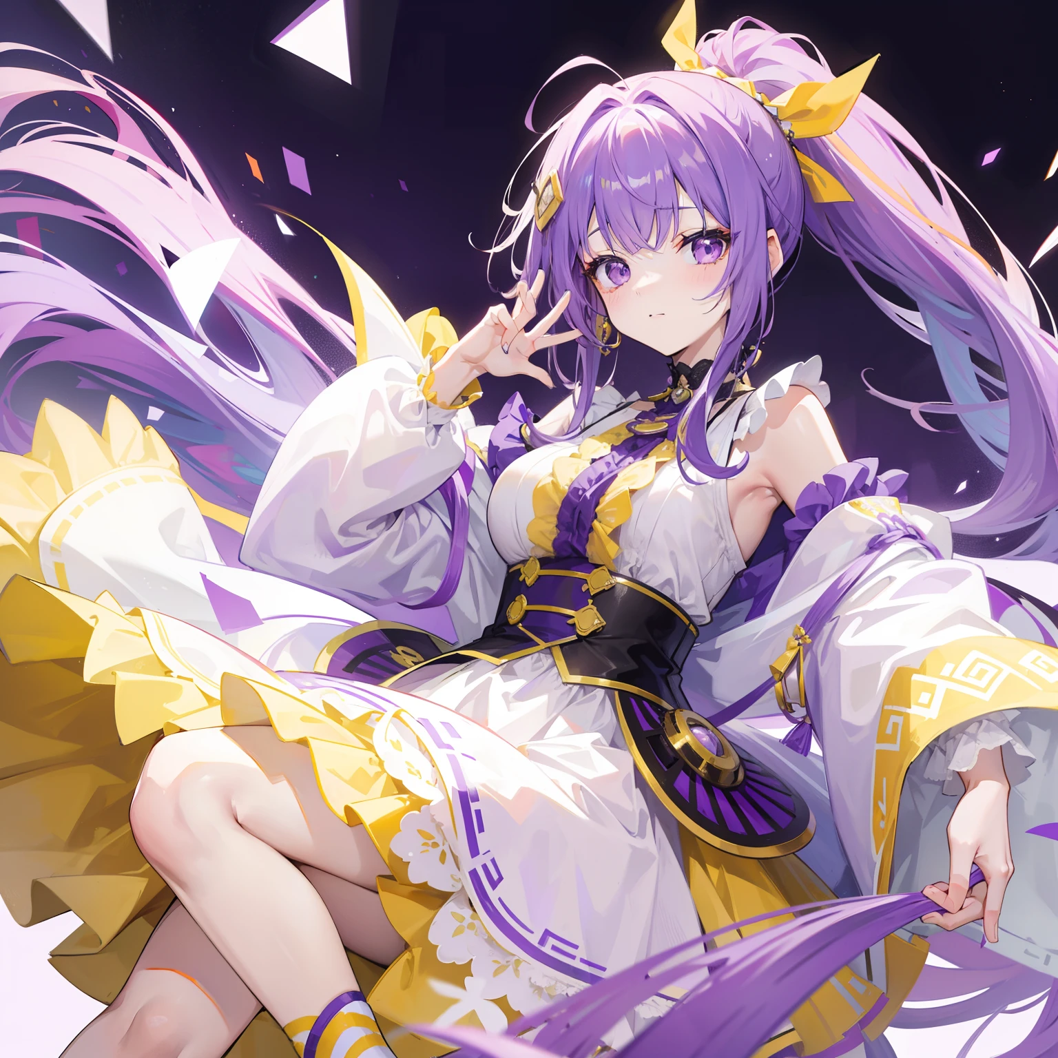Long purple and yellow bangs,Energetic high ponytail hair,A simple dress with purple, yellow and white accessories,A cute and lively beautiful girl with a very attractive charm