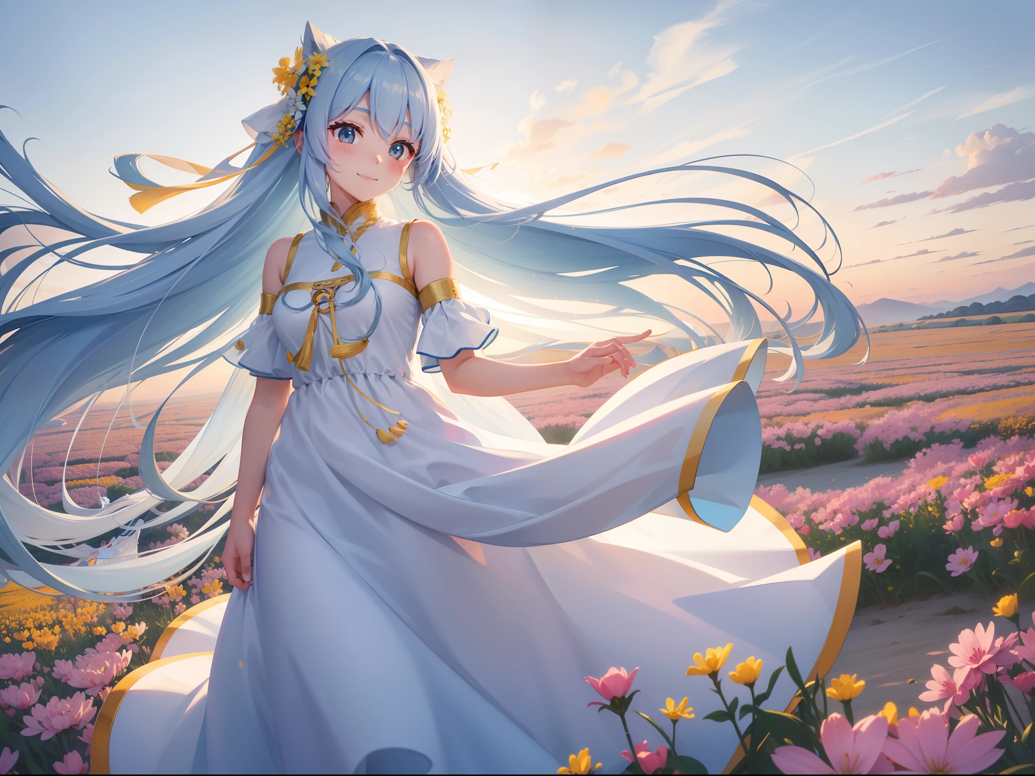 Steppe at sunset Pretty girl Light blue long hair Twin-tailed A charming smile White and yellow long dress Dress flowing in the wind Red higan flowers are blooming all over Face Highlights