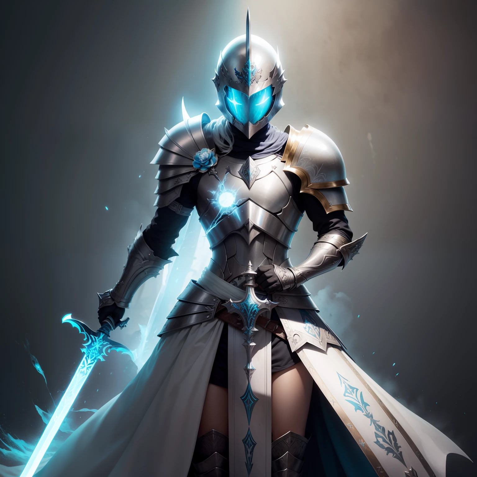 Guerreiro com armadura celeste de cobalto, mitril e adamantite. One-handed wide sword, Excalibur. Asas angelicais gigantes.
