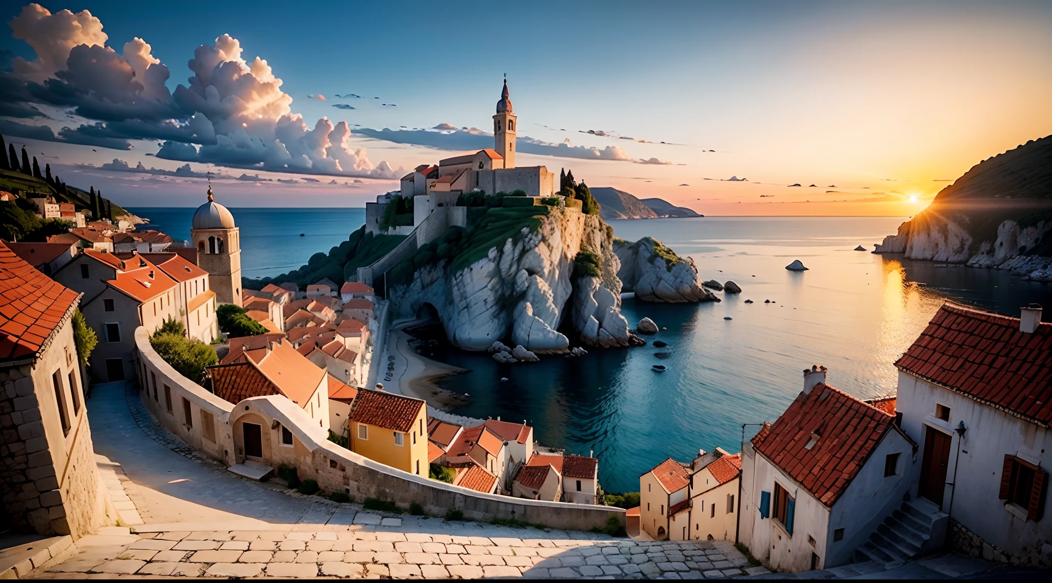 Dubrovnik, Ragusa, village next to Europe, Adriatic Sea coastal, pearl of Adriatic Sea, cliff coastal, mixture of Croatia style and italain architercture, orange roof and white wall, small and decent 12 houses some near some faraway with stone road with 2 watch towers with 1 castle on coastal with 1 church in the image, magic hour sunset is shining in the whole image, with no Eastern style no Chinese Style no Japanese style, Northern Italian elements, exterior, Italian building style, 16th century, renaissance, age of exploration
