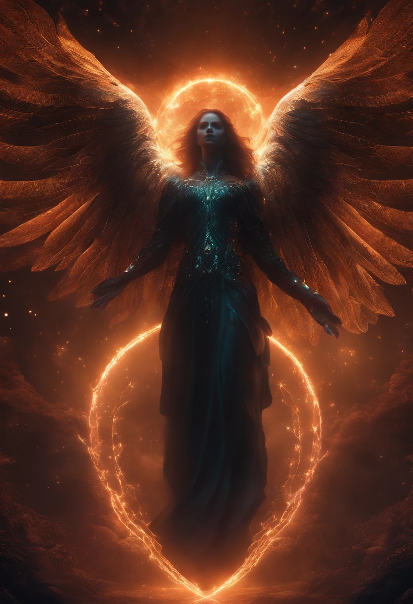 Cosmic Fallen Angel, glowing light eyes, Biomechanical, eerie, Creepy, nightmarish, Very bright colors, Light particles, with light glowing, Mshiff, wallpaper art, UHD wallpaper