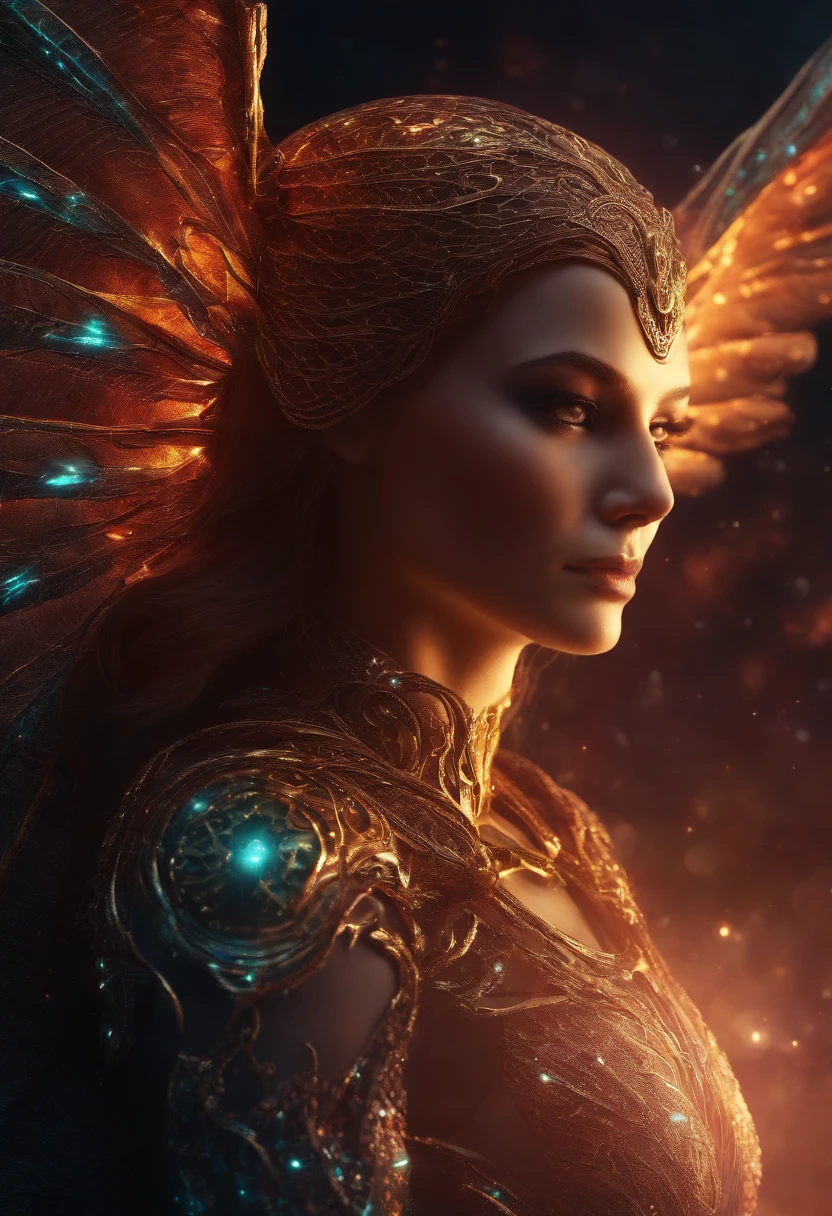 Cosmic Fallen Angel, glowing light eyes, Biomechanical, eerie, Creepy, nightmarish, Very bright colors, Light particles, with light glowing, Mshiff, wallpaper art, UHD wallpaper