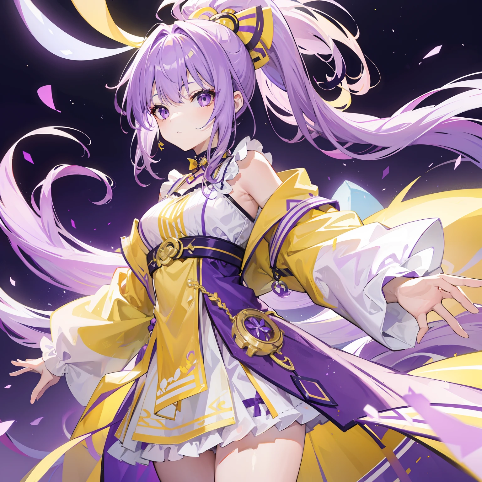 Long purple and yellow bangs，Tie a bun，Purple simple dress, Yellow and white accessories，Cute and lively beautiful girl，The charm was very tempting