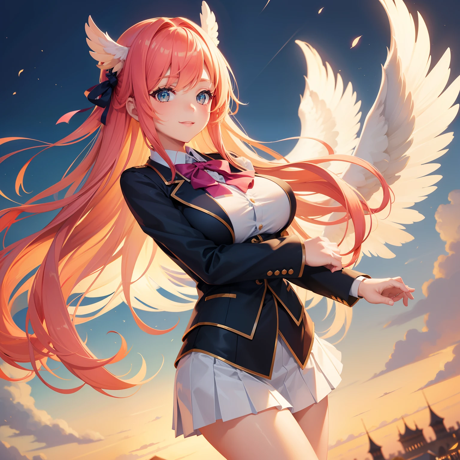 Beautiful girl with angel wings,Cute 2D, Background backlighthigh-definition ,top-quality,Beautiful Beautiful Girl,超A high resolution,A smile,Perfect Beautiful Girl,huge tit,校服、blazers,multicolored hair,