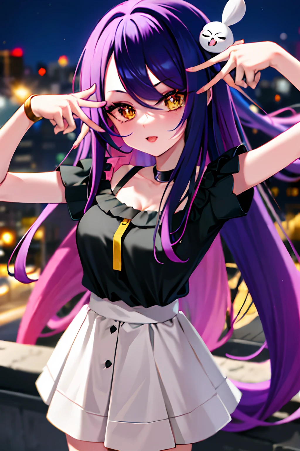 Crea una chica anime con el cabello y la figura de Squigly, pero con una tez morena. Put it in the heart of a bustling city, con edificios altos y luces brillantes. Tu cabello blanco como la nieve debe destacar en este entorno urbano. Detail your facial expression and how you interact with the city's lively nightlife
