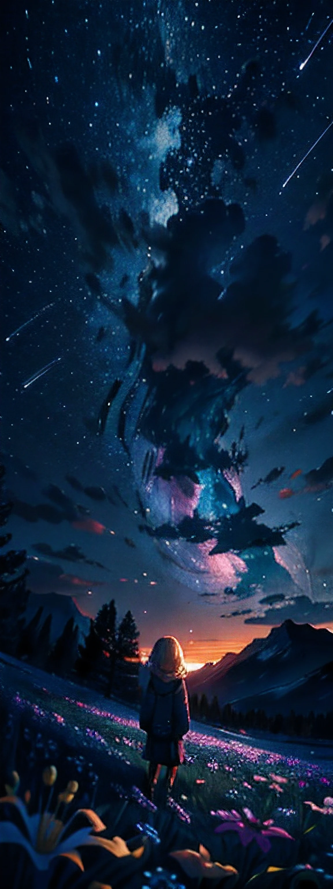 Expansive landscape photograph, (view from below with a view of the sky and the wilderness below), little girl standing in a flower field looking up, (full moon: 1.2), (shooting star: 0.9), (nebula: 1.3), distant mountain, tree break production art, (warm light source: 1.2), (firefly: 1.2), lamp, purple and orange, intricate detail, volume lighting BREAK (masterpiece: 1.2), (highest quality ), 4k, ultra-detailed, (dynamic configuration: 1.4), highly detailed and colorful details (iridescent: 1.2), (sparkling lighting, atmospheric lighting), dreamy, magical, (solo: 1.2)