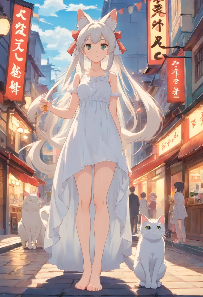 No shoes，Stand barefoot，Masterpiece，Extremely tall maiden，A giantess，Huge maiden，In the city，Full limbs，The face is delicate，White double ponytail，White eyes，White Lolita，Long-range shots，white stockings，There are cat ears on the head, white dresses， cute big breasts，Chopstick legs，Slender calves，Slender calves，High volume