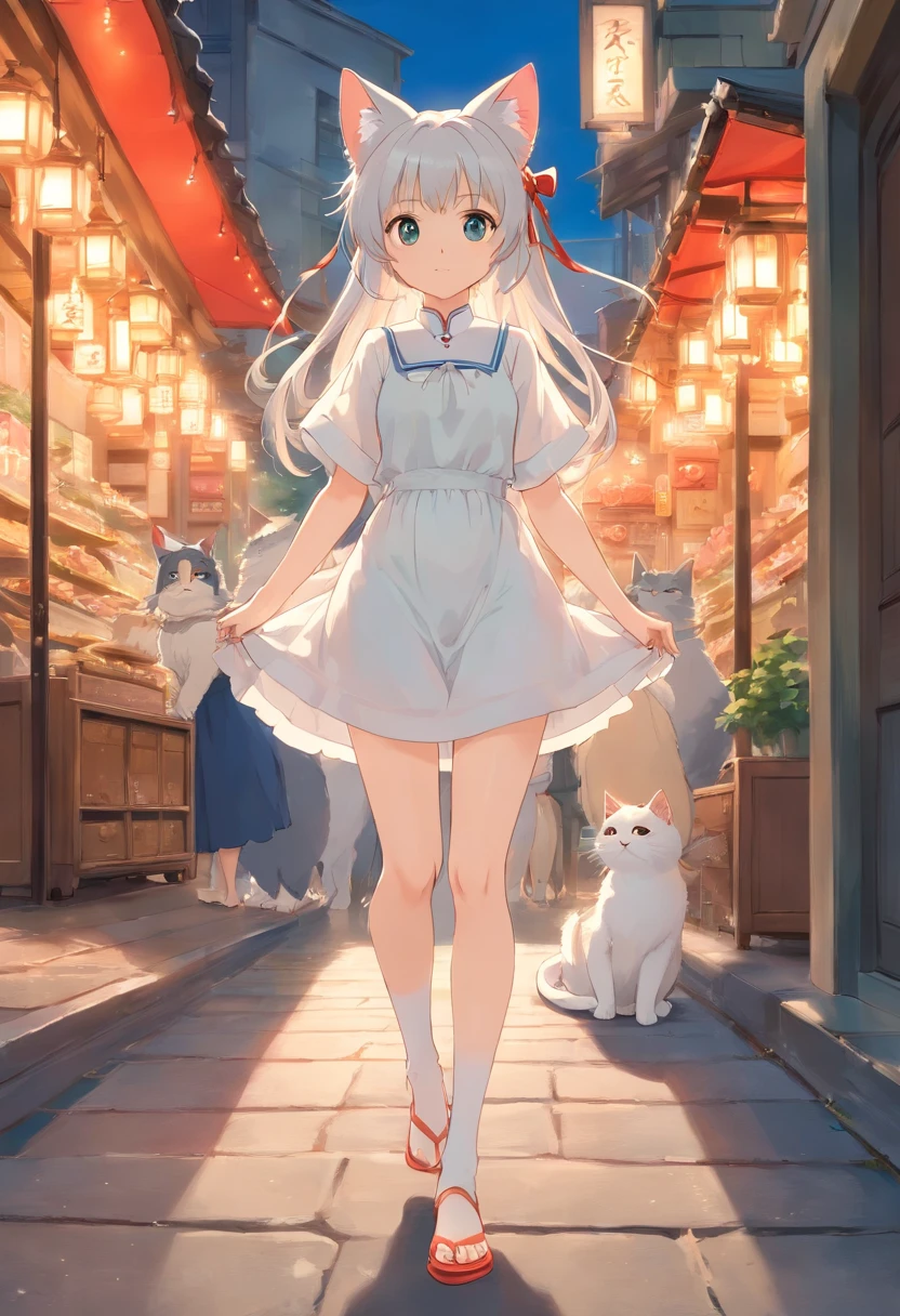 No shoes，Stand barefoot，Masterpiece，Extremely tall maiden，A giantess，Huge maiden，In the city，Full limbs，The face is delicate，White double ponytail，White eyes，White Lolita，Long-range shots，white stockings，There are cat ears on the head, white dresses， cute big breasts，Chopstick legs，Slender calves，Slender calves，High volume