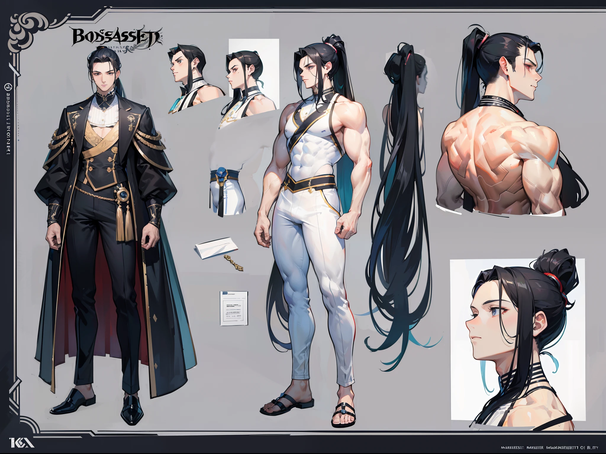 ((Masterpiece, Highest quality)), Detailed face, character design sheet, full bodyesbian, Full of details, frontal body view, back body view, Highly detailed, Depth, Many parts, Muscle boy with ponytail long black hair,handsome man, muscle body, white outfit male gods, man tall