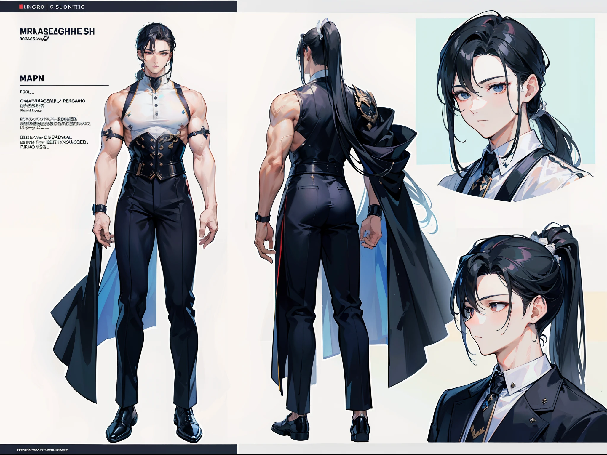 ((Masterpiece, Highest quality)), Detailed face, character design sheet， full bodyesbian, Full of details, frontal body view, back body view, Highly detailed, Depth, Many parts, Muscle boy with ponytail long black hair，handsome man, muscle body, white outfit male gods, man tall