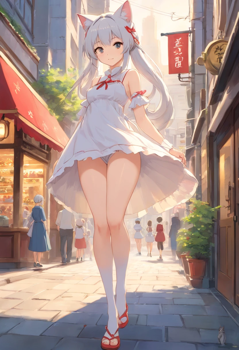 No shoes，Stand barefoot，Masterpiece，Extremely tall maiden，A giantess，Huge maiden，In the city，Full limbs，The face is delicate，White double ponytail，White eyes，White Lolita，Long-range shots，white stockings，There are cat ears on the head, white dresses， cute big breasts，Chopstick legs，Slender calves，Slender calves，High volume