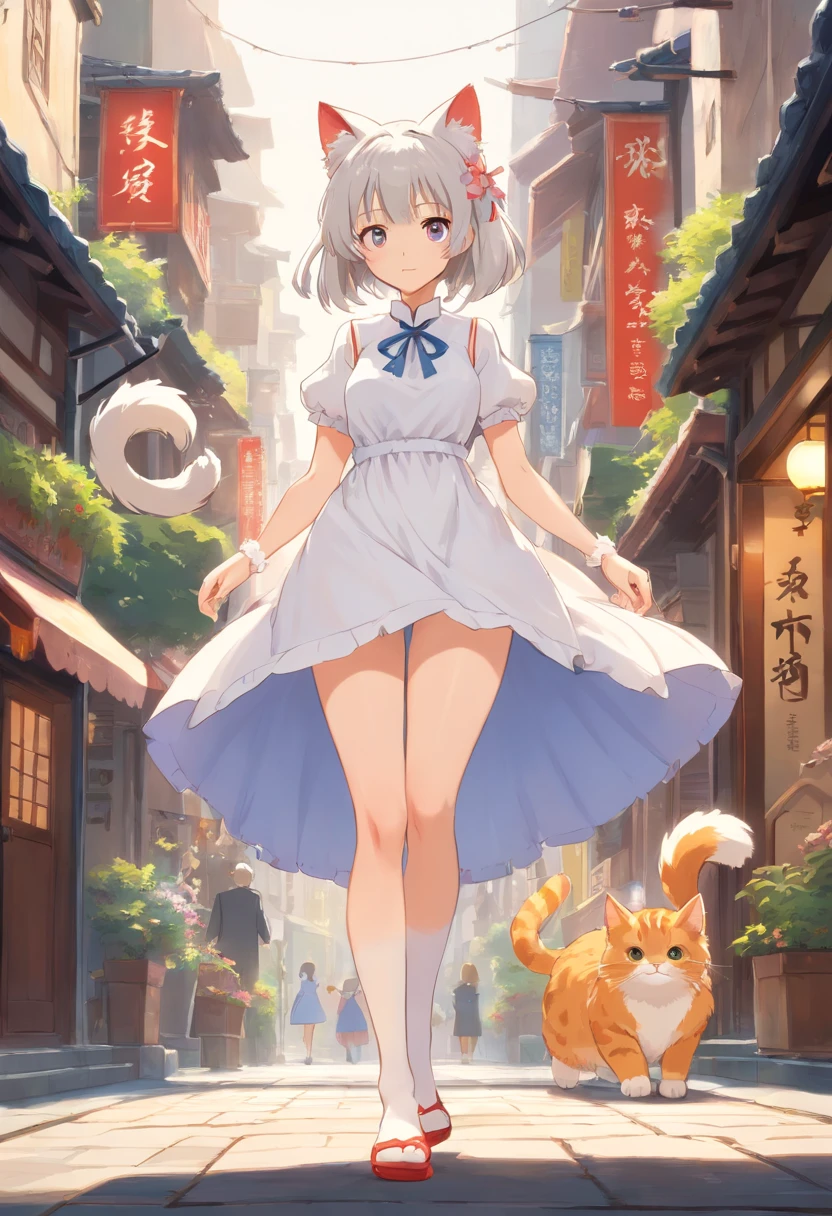 No shoes,Stand barefoot,Masterpiece,Extremely tall maiden,A giantess,Huge maiden,In the city,Full limbs,The face is delicate,White double ponytail,White eyes,White ta,Long-range shots,white stockings,There are cat ears on the head, white dresses, cute big breasts,Chopstick legs,Slender calves,Slender calves,High volume