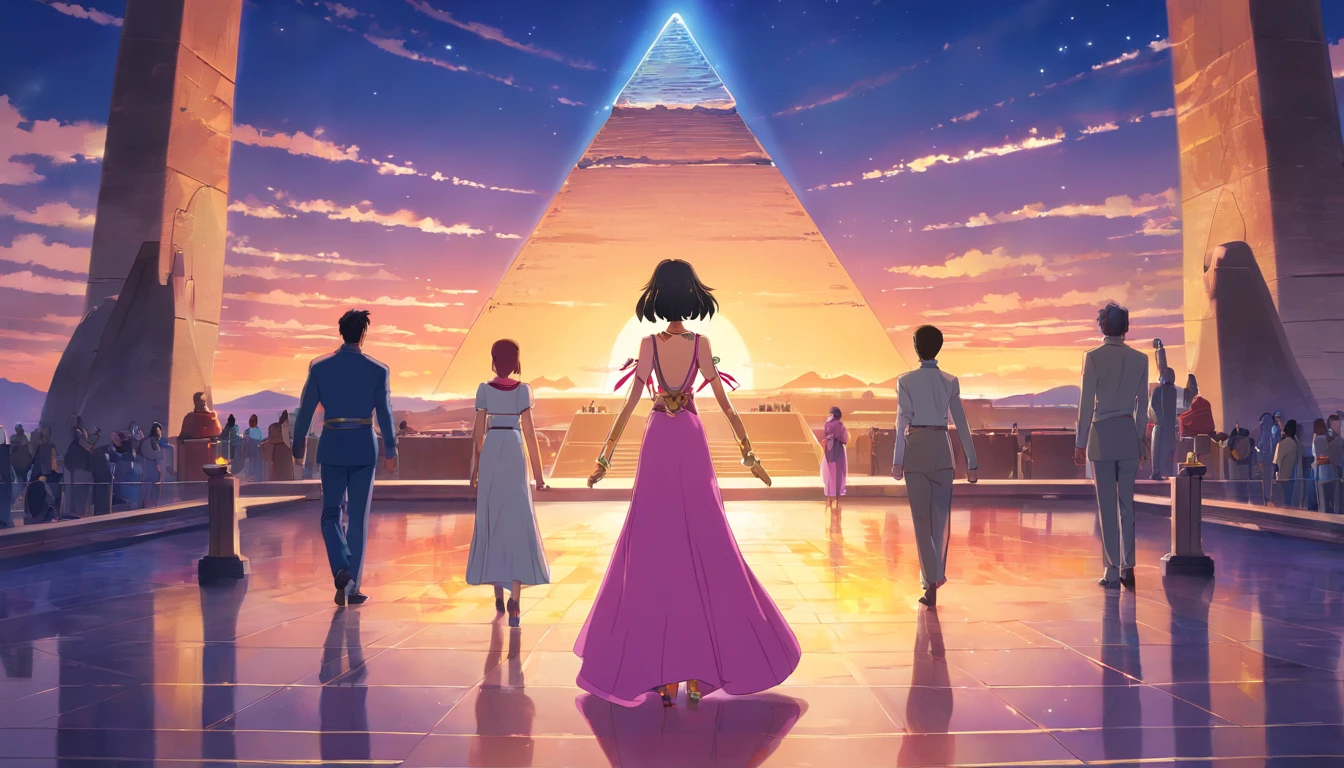 sinister, The stunning Queen Cleopatra is on the far left、Wear a full-length dress size, Staring behind the pyramid, Amber and pink light floating in the sky, A breathtaking masterpiece of true HD photography, Exquisite detail and unparalleled clarity, Shot with 8K resolution and excellent Leica lenses, In a magnificent and awe-inspiring scene.