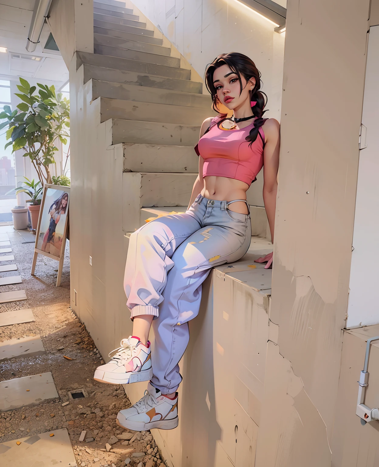 Highest quality,The perfect masterpiece,Perfect artwork,8K,  1girl, sitting on a ledge, with ripped crop t - shirt, she is wearing streetwear, jisoo from blackpink, casual clothes, casual pose, kawaii shirt and jeans, pink clothes, ulzzang, vibrant aesthetic, full body cute young lady, small breast, wearing a cropped tops, wearing crop top, in pastel colors, illusion,Cyberpunk,fashion trend,3s material,high-definition,detail representation,c4d,3D,octane rendering,ray tracing,complex details,animated lighting,OCrenderer,8k, birthday party, balloons,