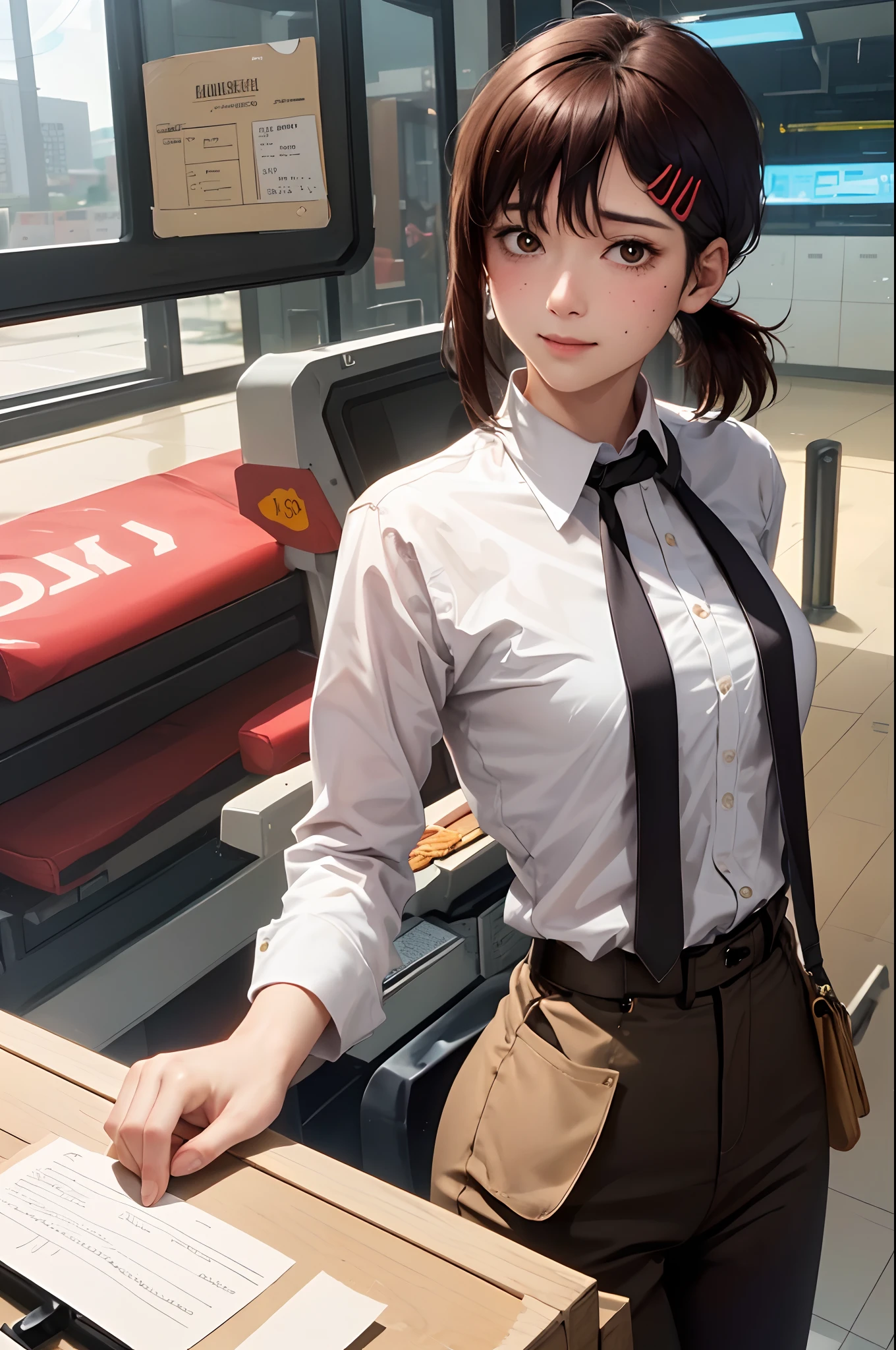 masterpiece, best quality, ultra-detailed, illustration, epic lighting, cinematic composition, isometric, 1girl, solo, cute, brown eyes, black hair, swept bangs, single sidelock, red hairclip, white collared shirt, black necktie, black pants, formal, enchanting gaze, captivating pose, inside train, crowd of people on background, door, opening door, looking at viewer, peeking out upper body, blush, seductive smile, closed mouth,(8k:1.1),