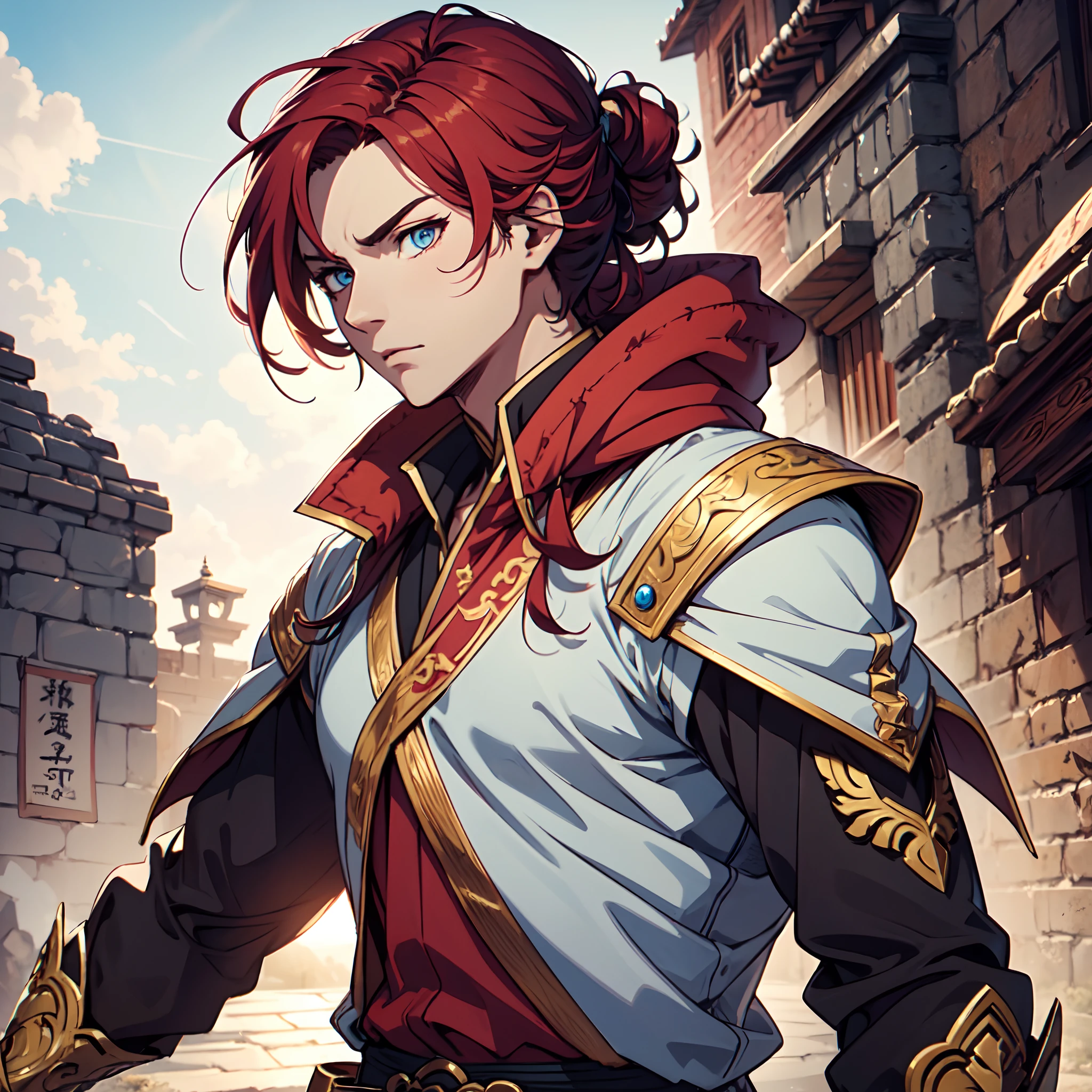 Ultra High Definition, Ultra High Quality, Extremely Detailed, Perfectly Detailed, Masterpiece, 8k, 1 Boy, Look A Like Xin From Kingdom Anime, Handsome, Equipped With Royal Knight Armor, Solid Light Blue Eyes, Long Red Hair, Body Shot, Ancient Kingdom Background