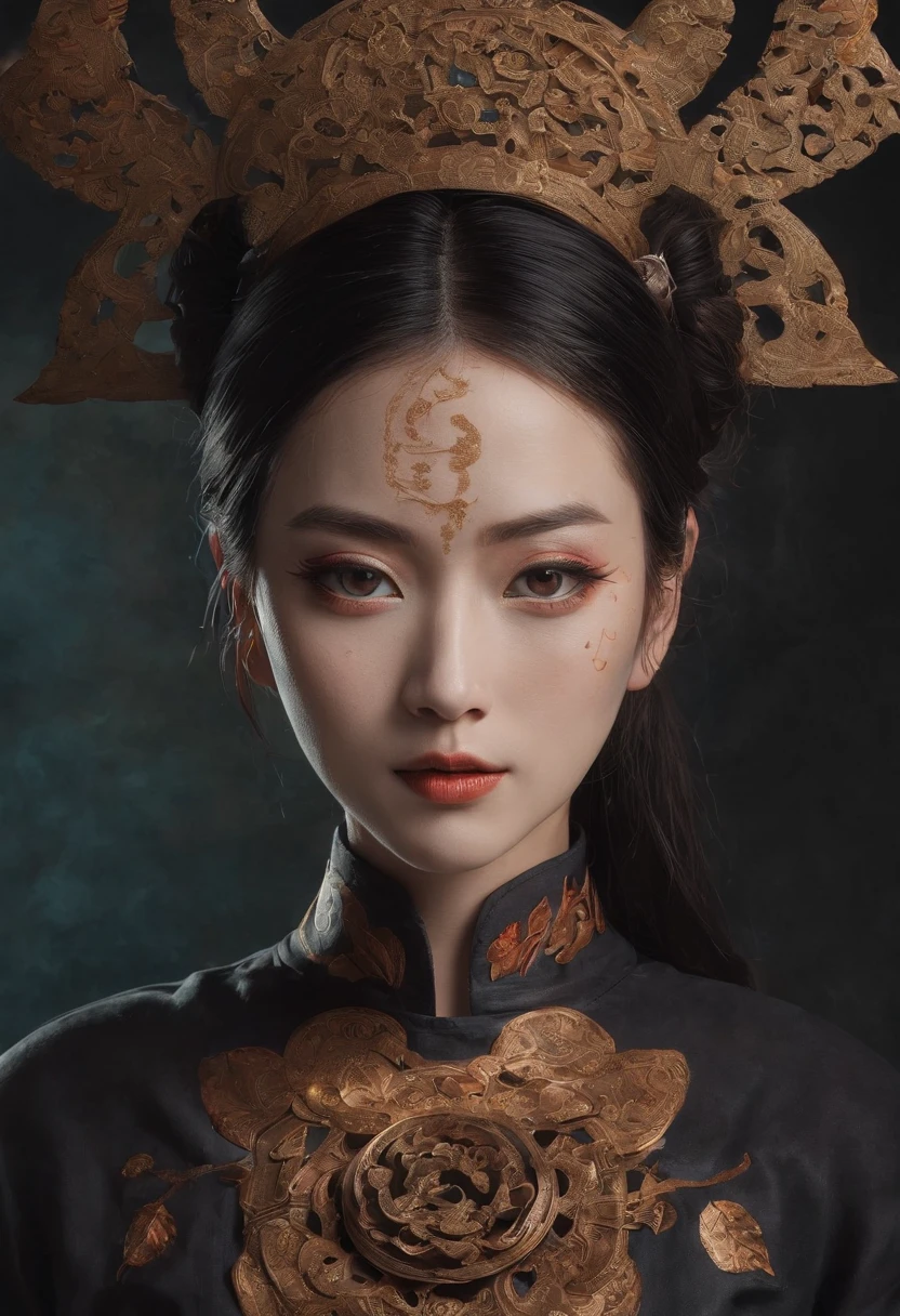 This image is a portrait of a unique woman,Her face is painted with colored paint,Adopted the Wolfensak 127mm F/4.7 ektar style。The picture is mainly light black and orange,Shows the style of solar punk,Incorporates elements of German art。Strong close-ups are seen in the painting,Presents epic fantasy scenes。ao mesmo tempo,The picture is also influenced by Zen Buddhism,It shows a restrained and deep atmosphere。The image of this woman is full of marginalized qualities,It shows her independence and eclecticism。The whole picture is full of imagination and creativity,It shows the viewer a mysterious and artistic atmosphere。