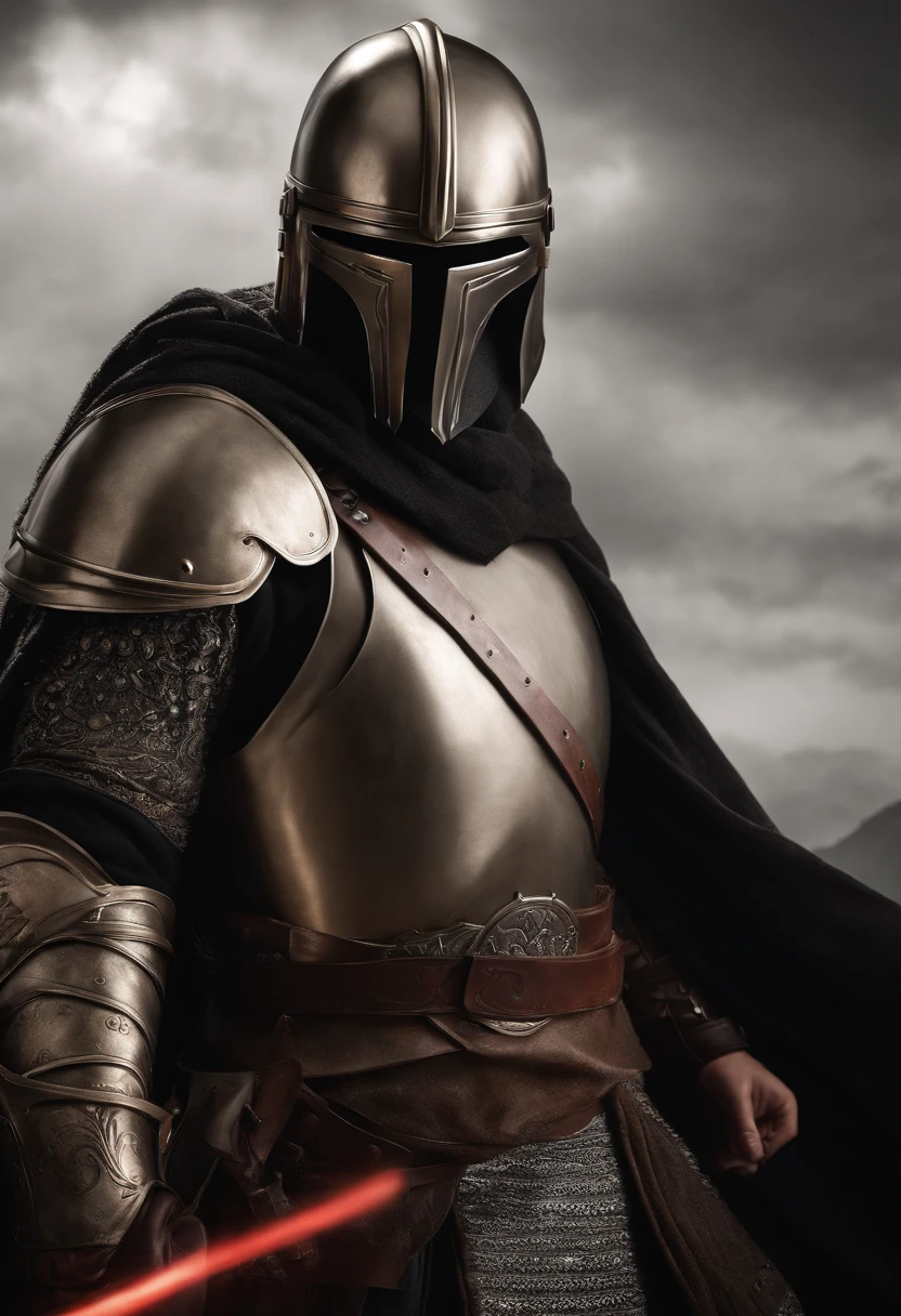 (melhor qualidade,4k,8k,Altas,master part:1.2),ultra-detalhado,(Realistic,fotorrealista,photo-realistic:1.37),medieval,armadura mandaloriana,armadura brilhante, guerreiro,rosto lindamente detalhado,sharp facial features,olhos expressivos,Determined expression,Macho,postura heroica,dramatic lighting,fundo aventureiro,paisagem de fantasia,atmosfera mal-humorada,vivid colors,Medieval inspiration,metal textures,Epic Battle,historical warrior,combate tradicional,cavaleiro corajoso,Valor,momento triunfante,perspectiva envolvente,Ancient relics,Stoic presence,ancient ruins,Mystical aura,aura poderosa,Esgrima,guerreiro habilidoso,gravuras de armadura,combate intenso,pose majestosa,detalhes ornamentados,pontaria,Authentic costumes,figura imponente,Legendary fighter,honra e Valor,brilho lustroso,atmosfera de pressentimento,timeless hero,Uncompromising spirit, Armadura Medieval, Capacate de Cavaleiro Europeu; Carregando dois sabres de luz do Kylo Ren, Dual Wielding, Dois sabres de luz vermelho brilhantes, sabres vermelhos brilhando flamejantes, pose com as duas espadas