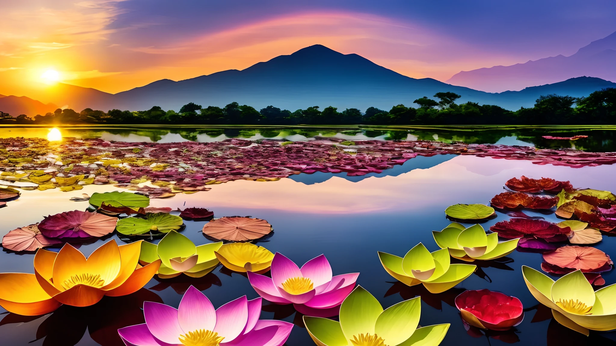 Rainbow after rain,Colorful sunset,Lotus,Dried lotus leaves,There is only one lotus flower